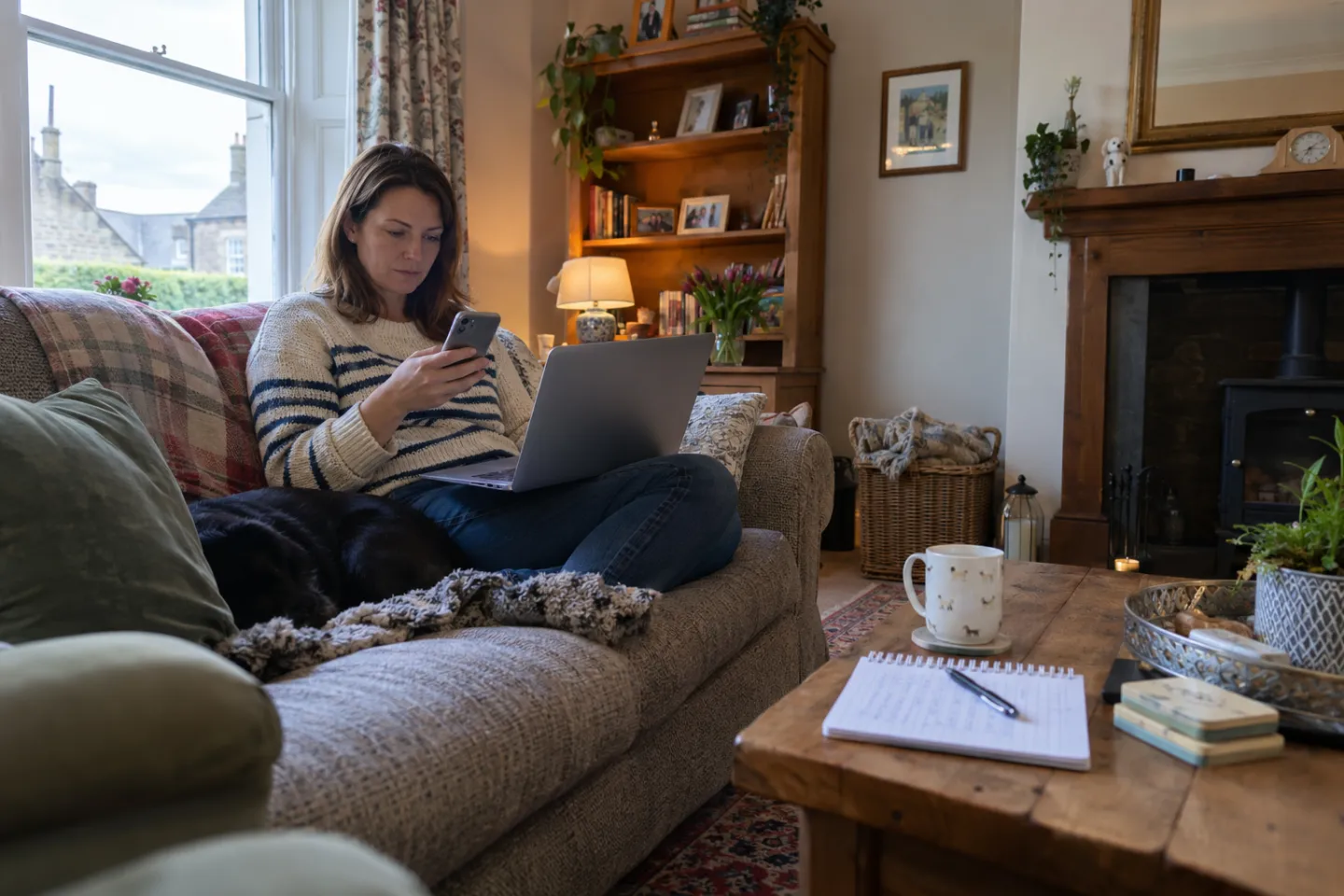 A woman on her sofa comparing local electricians on her laptop and phone