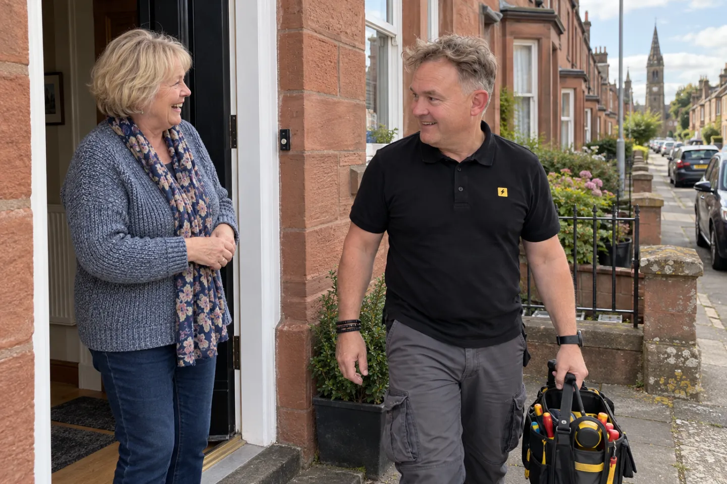James leaving a red sandstone house in Brechin as the homeowner laughs at the door