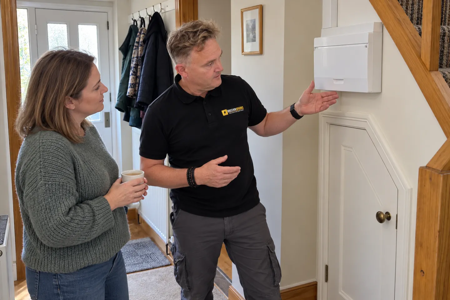 James explaining a newly fitted consumer unit to a homeowner in her hallway