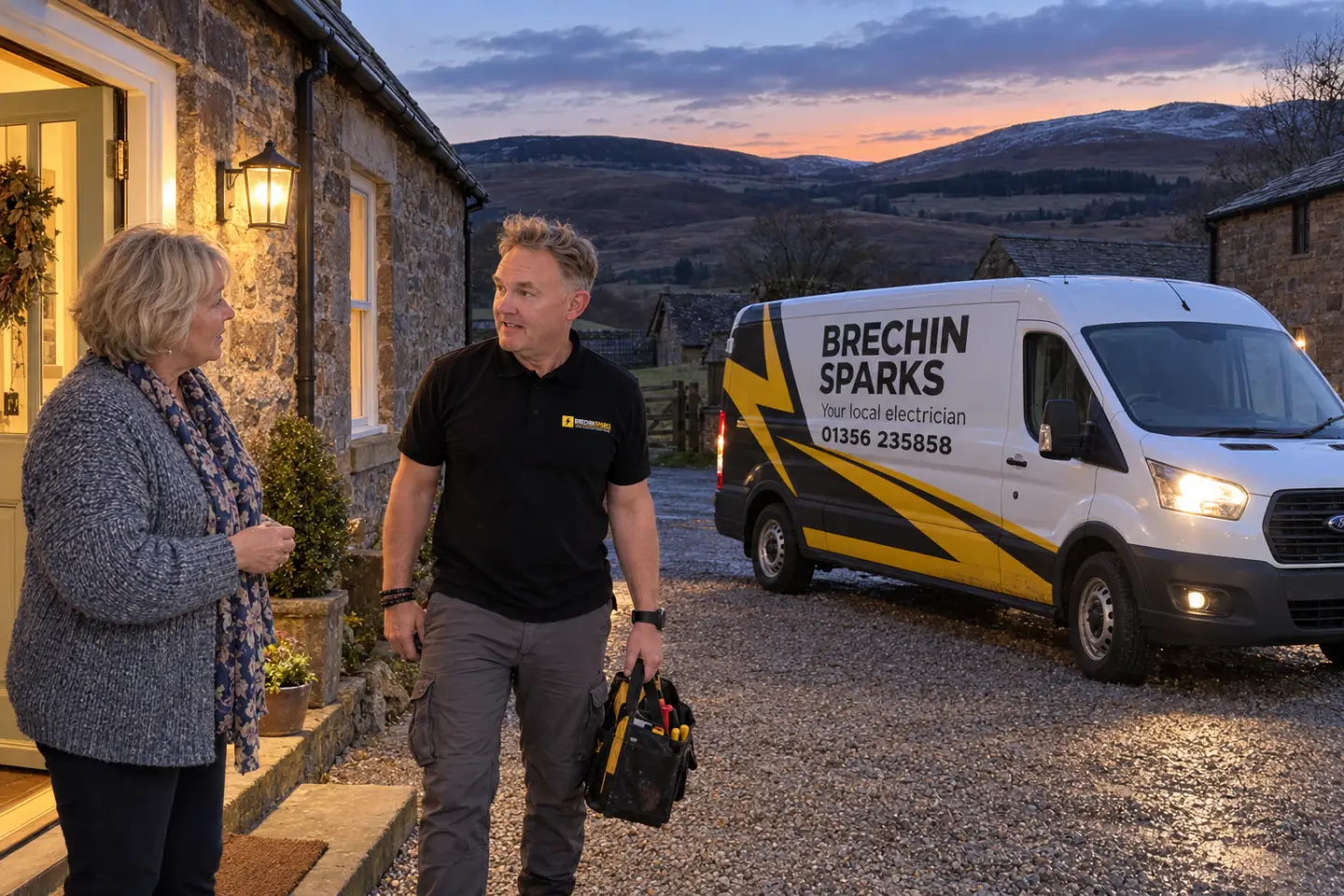 The Brechin Sparks van arriving at a stone farmhouse in an Angus glen at dusk