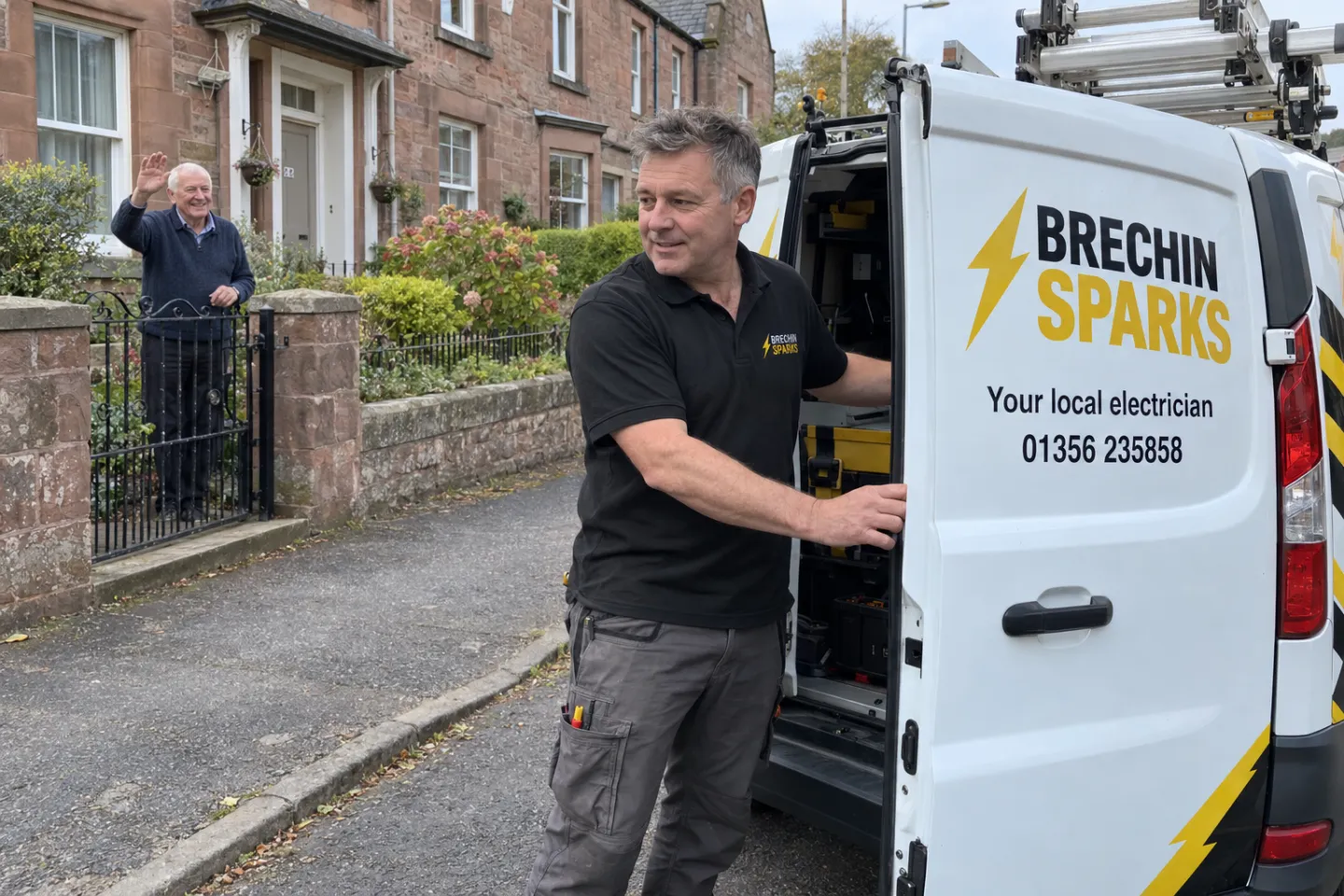 James closing the van doors on a Brechin street as a customer waves from his gate