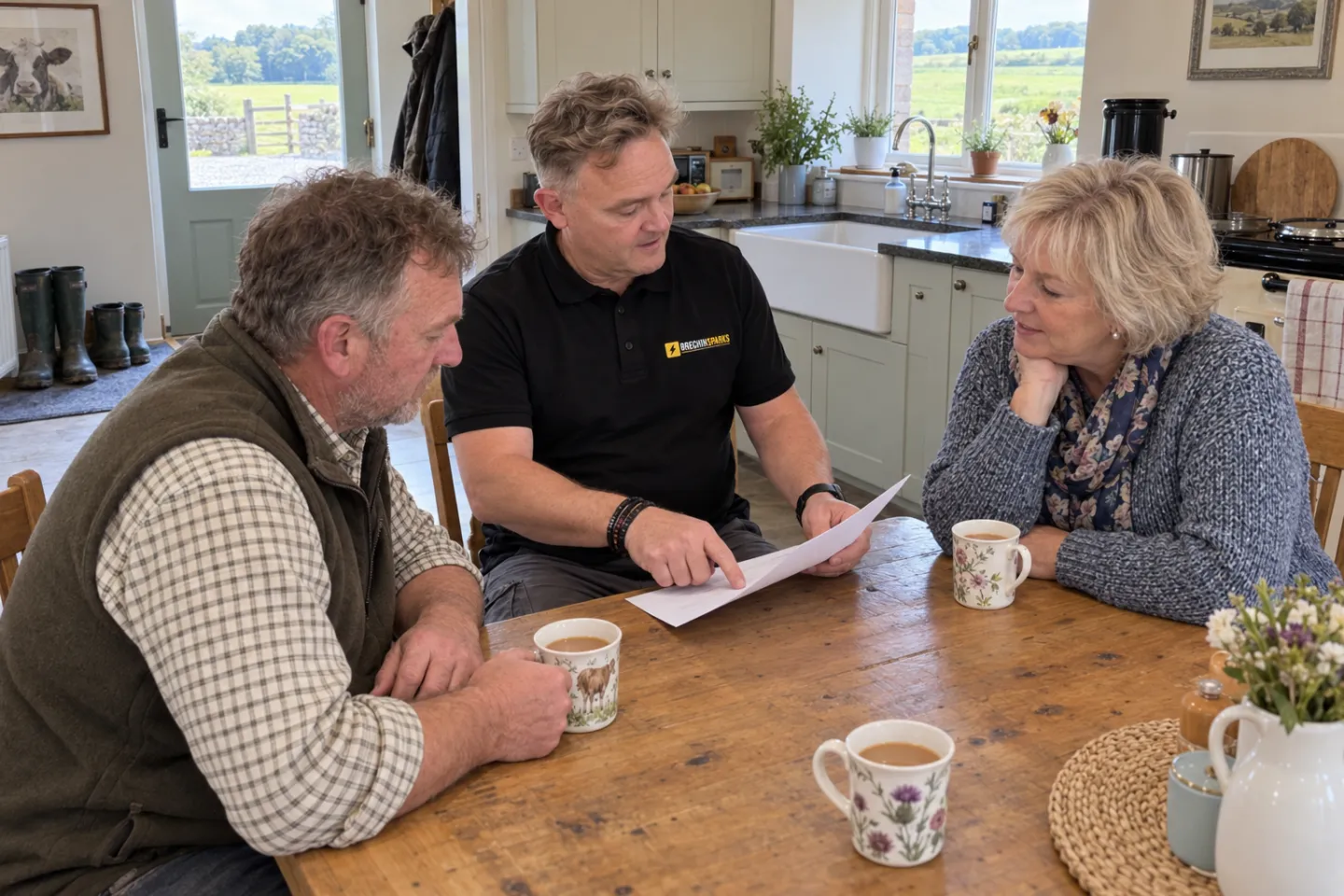 James going through a printed quote with a farming couple at their kitchen table