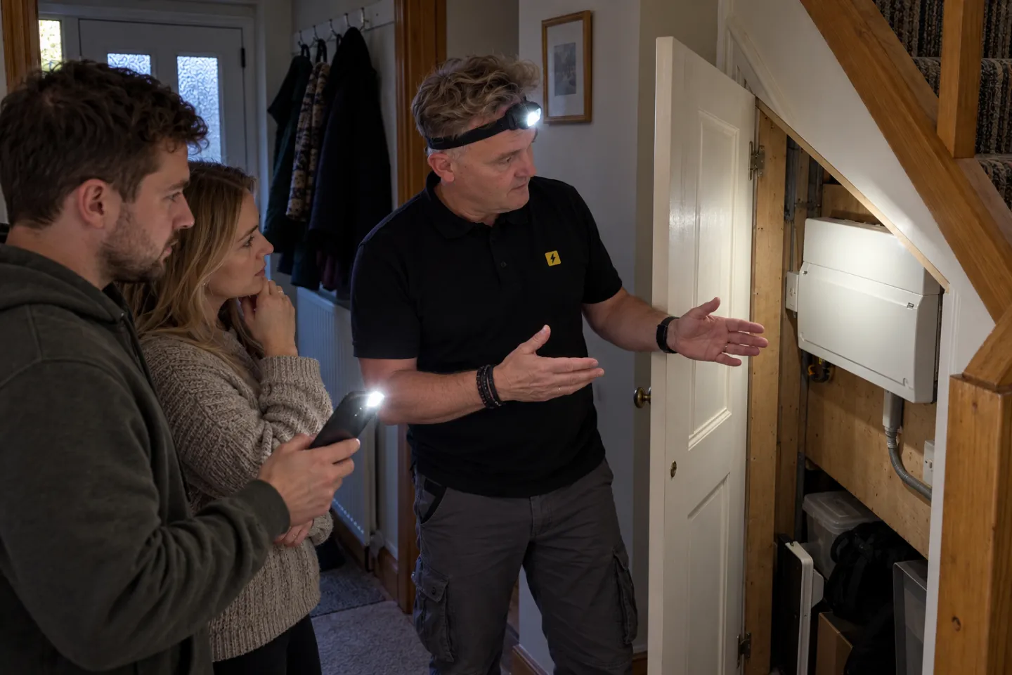 James in a head torch explaining a fault at an under-stairs consumer unit to a young couple