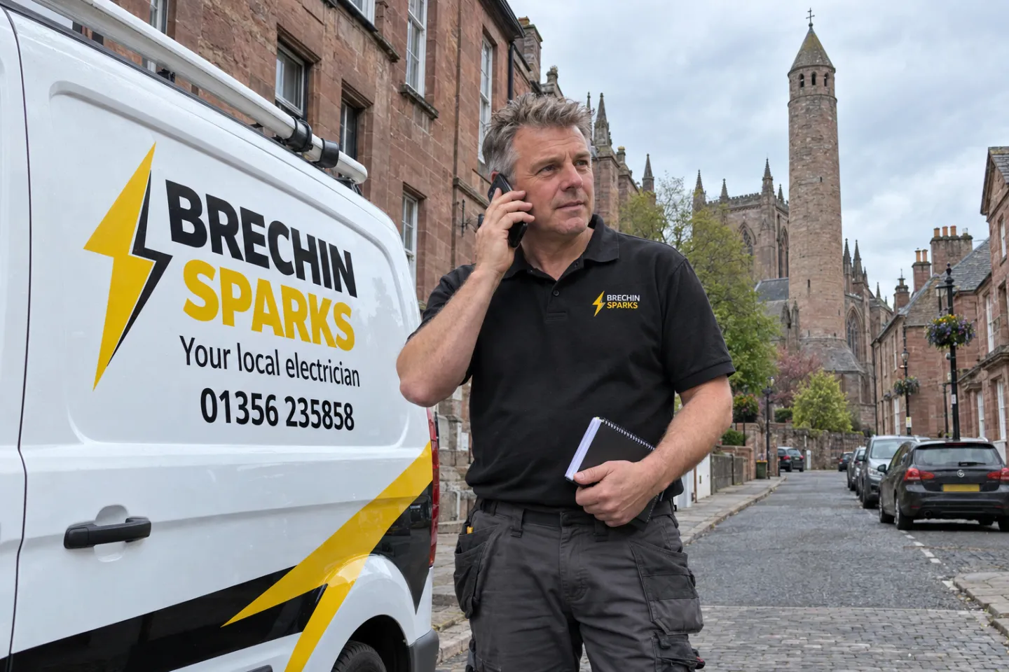 James on the phone beside the Brechin Sparks van near Brechin Cathedral round tower