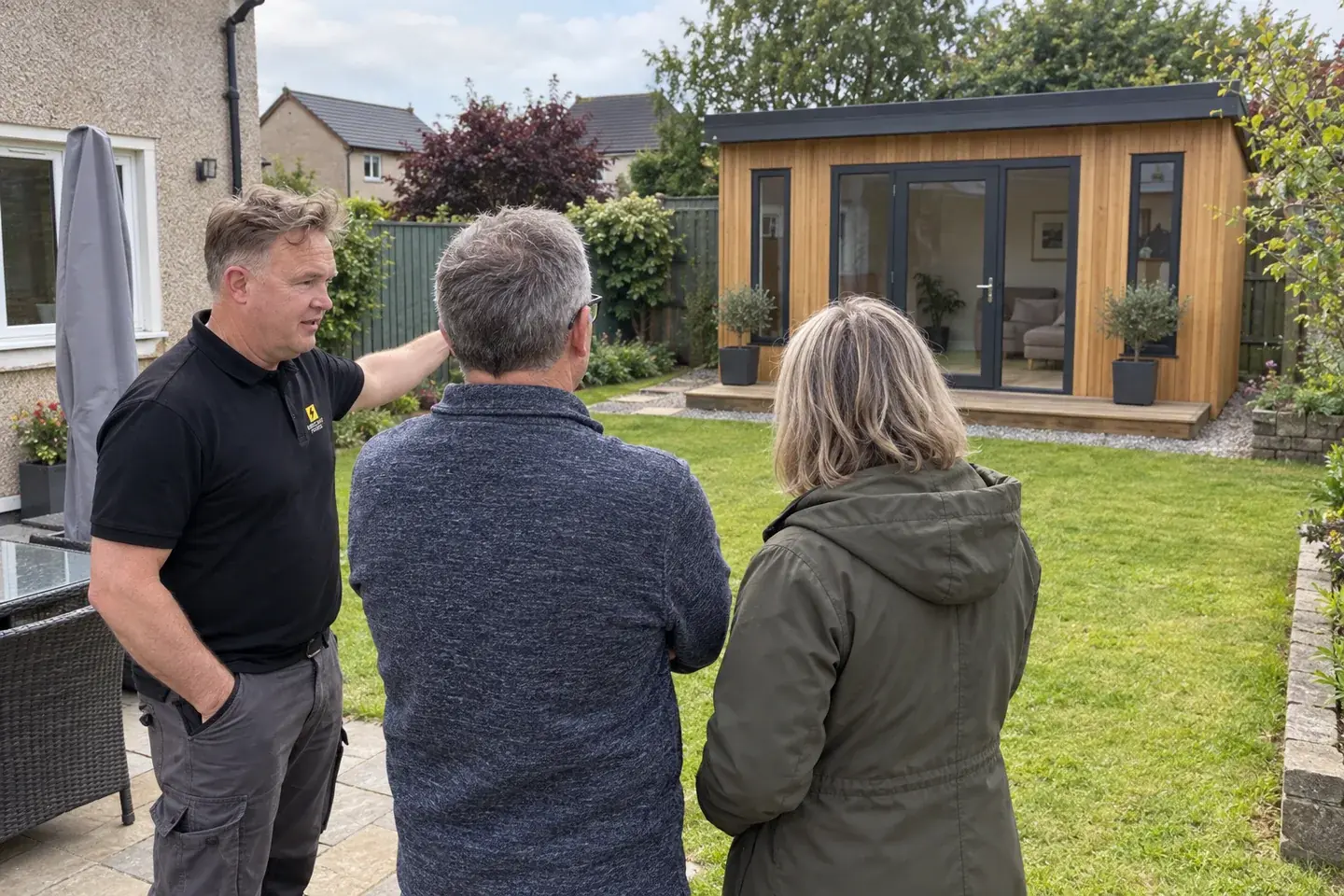 James discussing plans for a garden room with homeowners