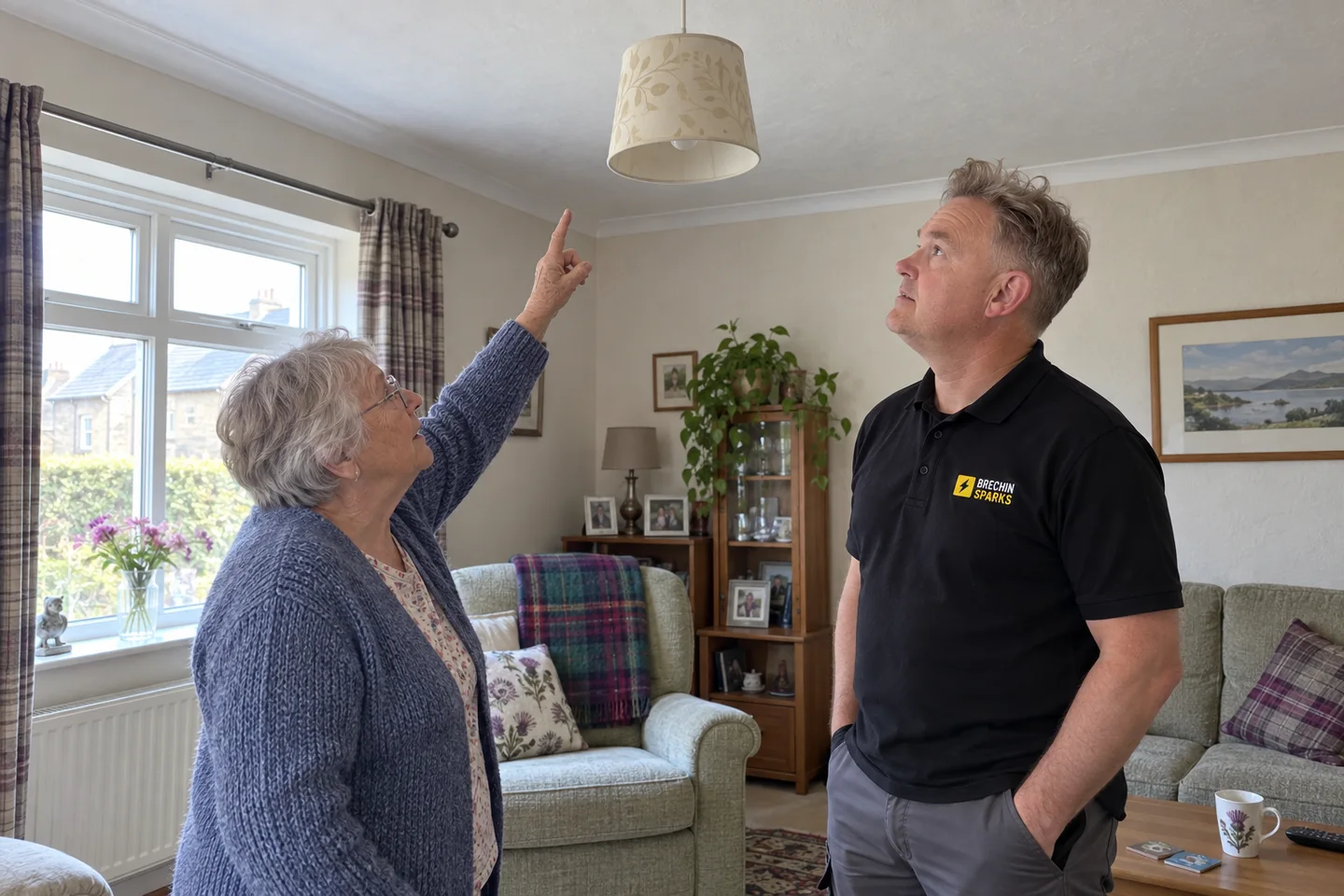 James assessing a ceiling light with a homeowner