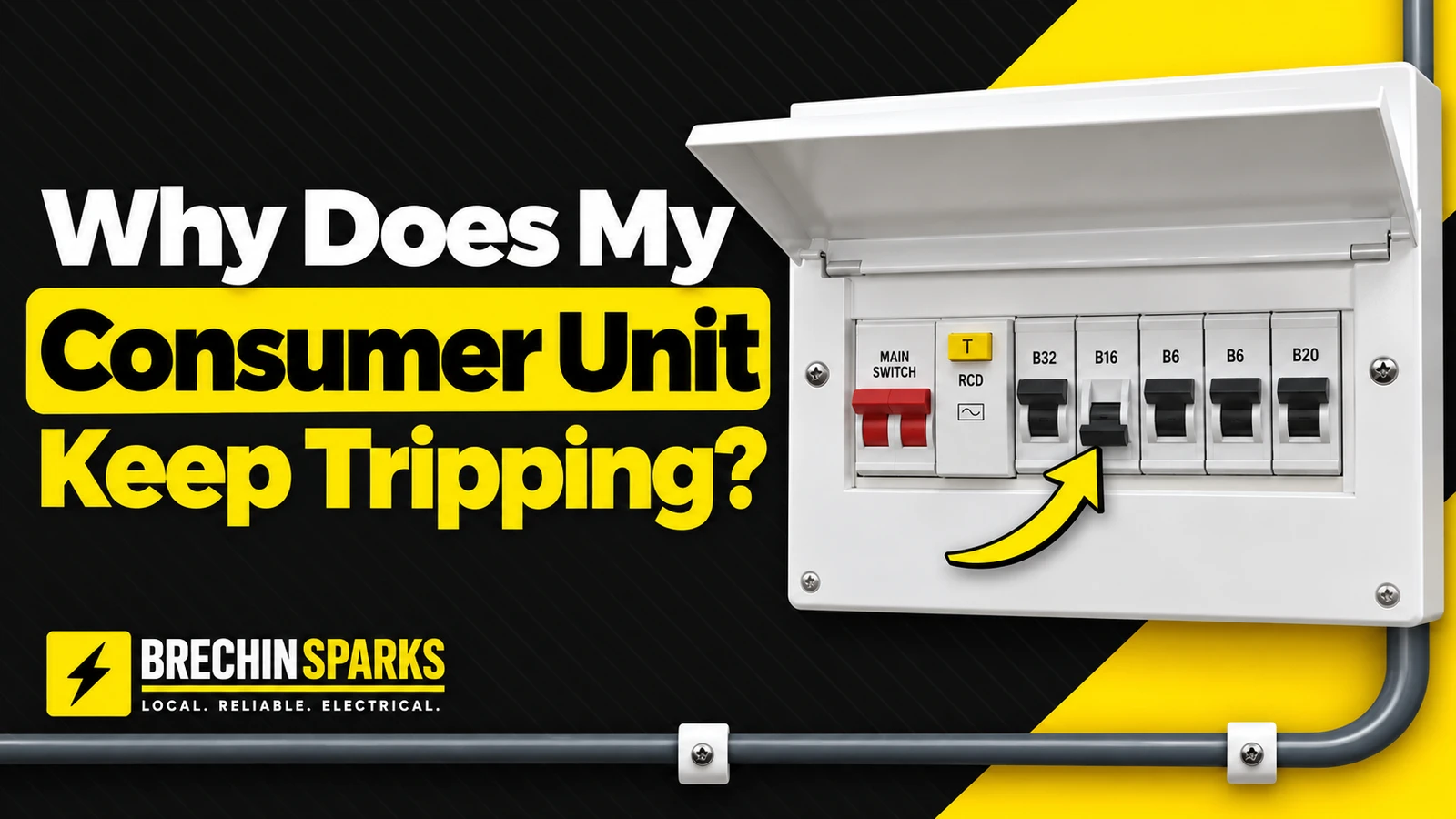 Why does my consumer unit keep tripping? Brechin Sparks guide with a yellow arrow highlighting a lowered breaker