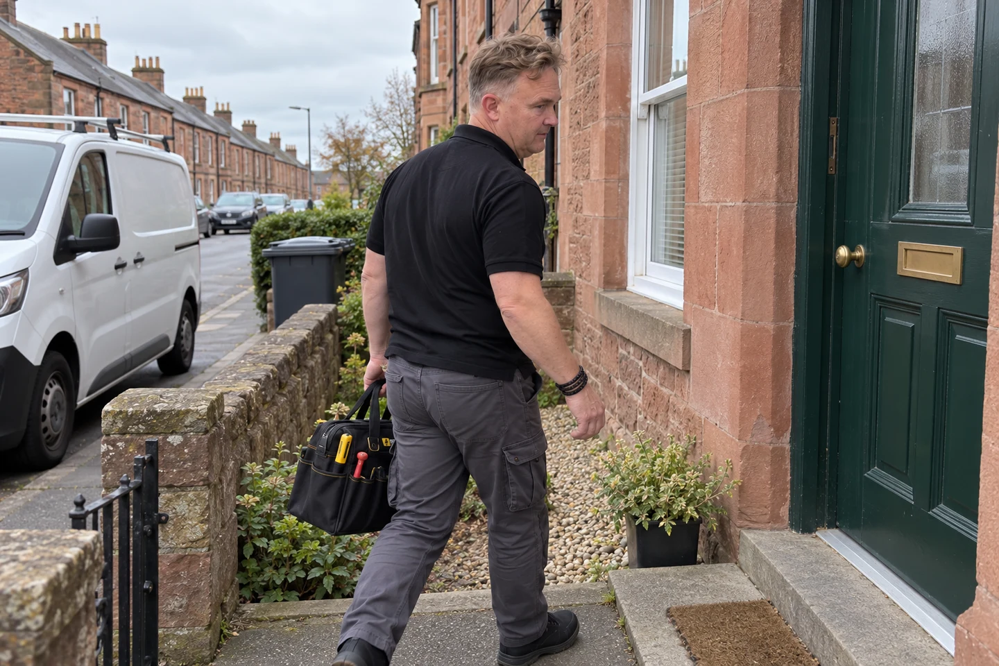 James walking up the path of a red sandstone terraced house in Brechin with his tool bag