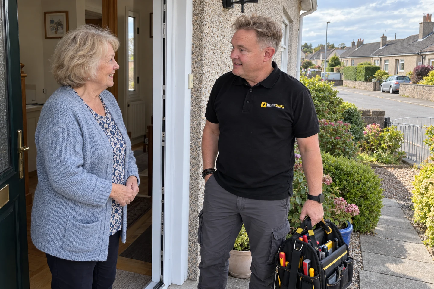 James chatting with an older customer at her front door