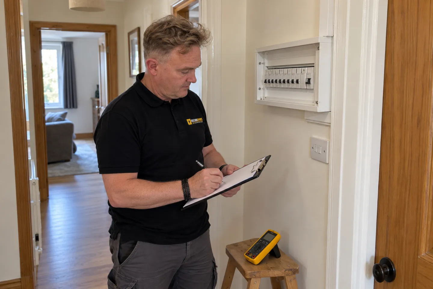 James writing up inspection notes on a clipboard beside a consumer unit in a flat hallway