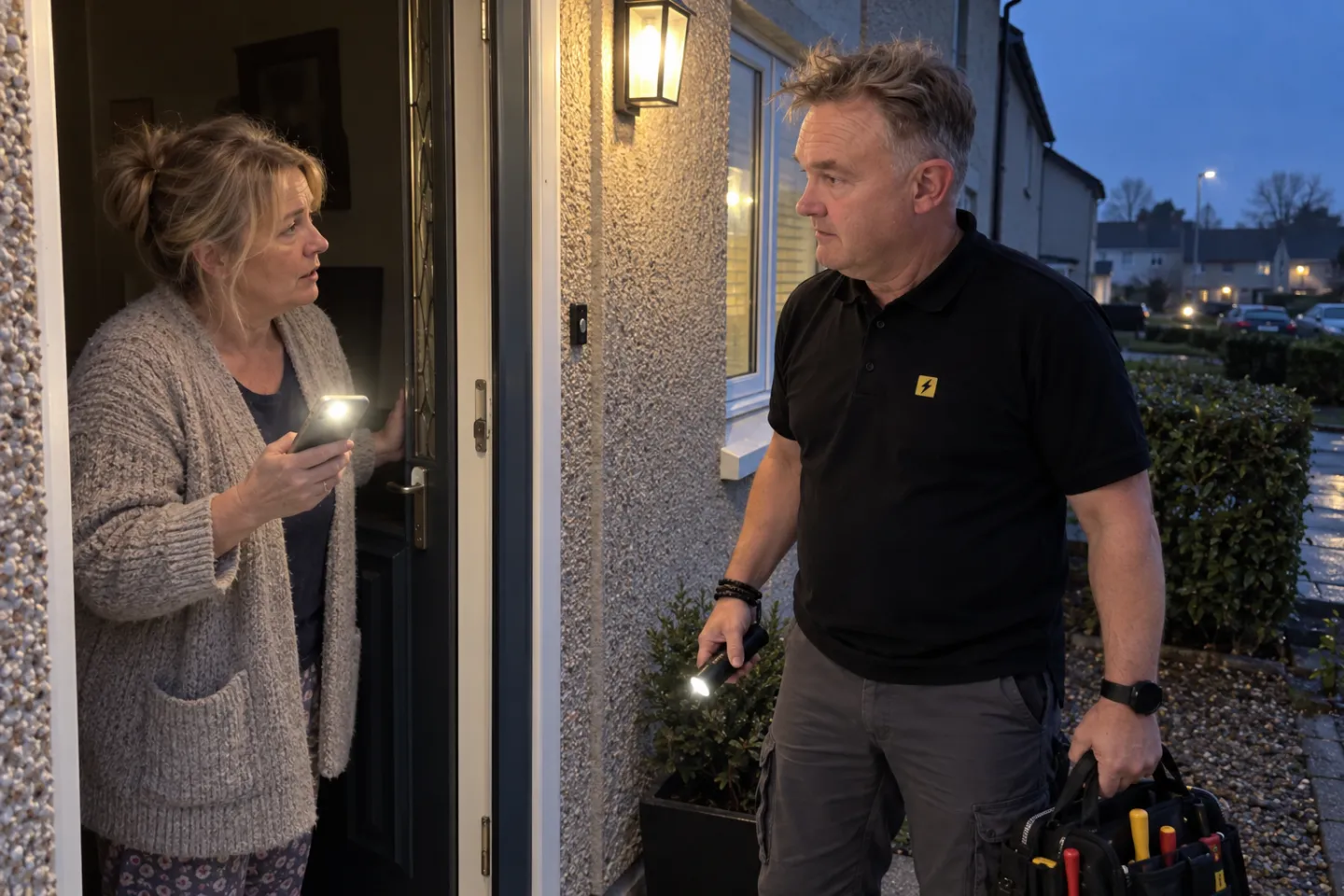 A worried homeowner holding a phone torch at her front door in the evening as James arrives with his tool bag
