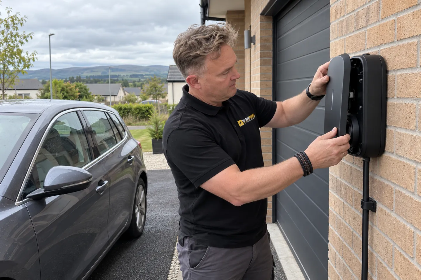 James fitting the cover on a new home EV charger on a garage wall beside a parked car