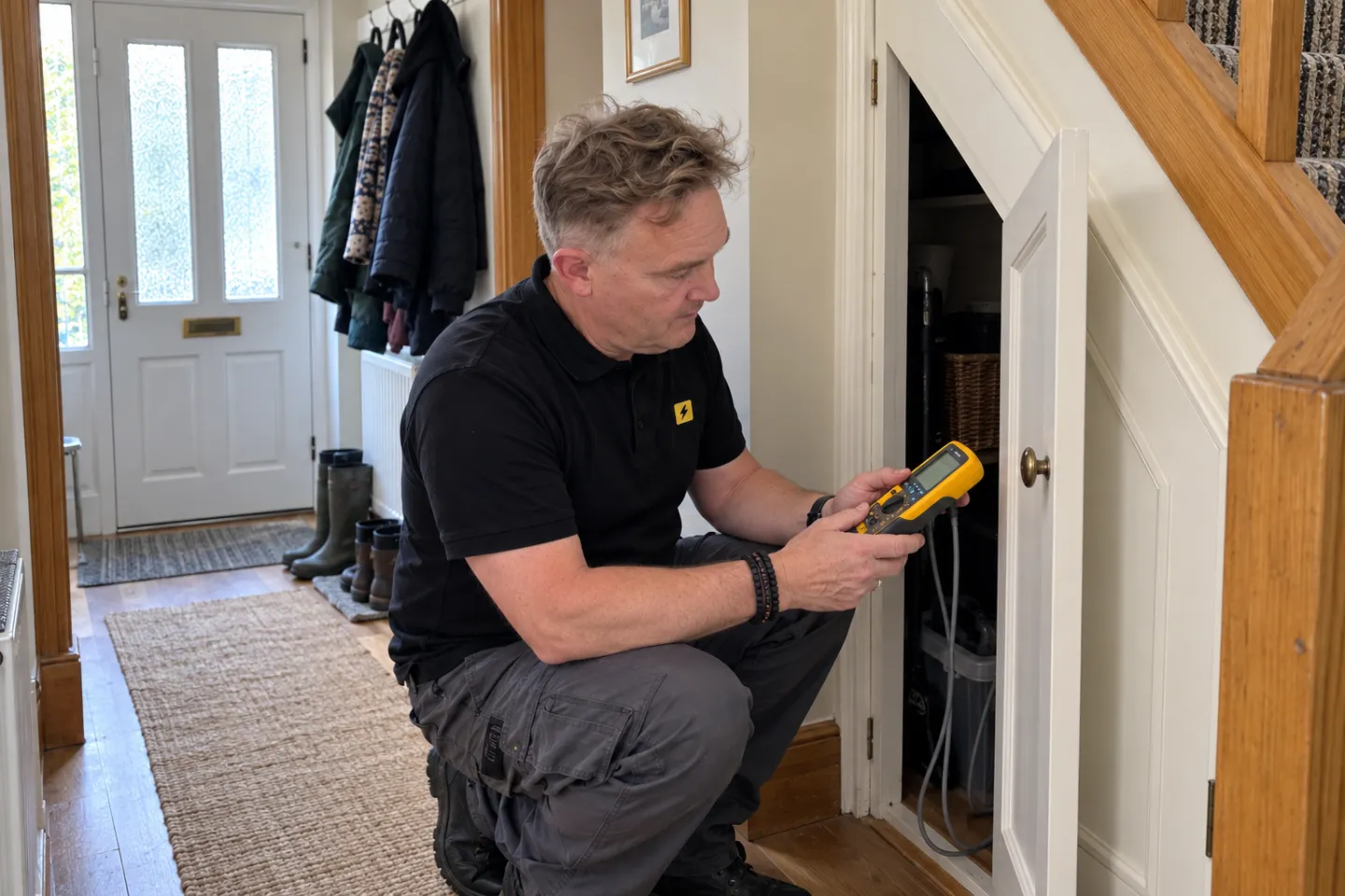 James crouched at an under-stairs cupboard reading a yellow electrical tester
