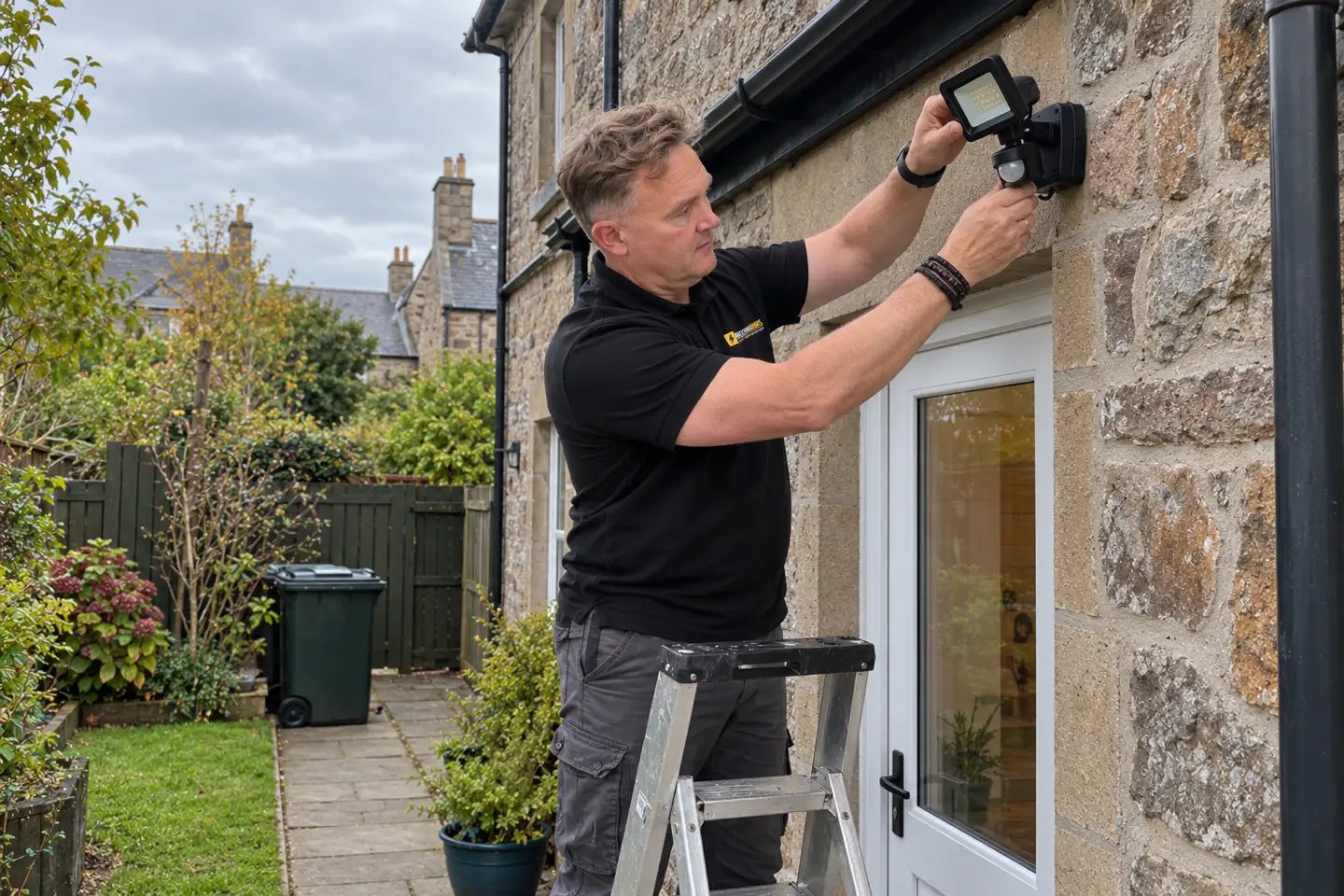 James on a stepladder adjusting a security floodlight above the back door of a stone cottage