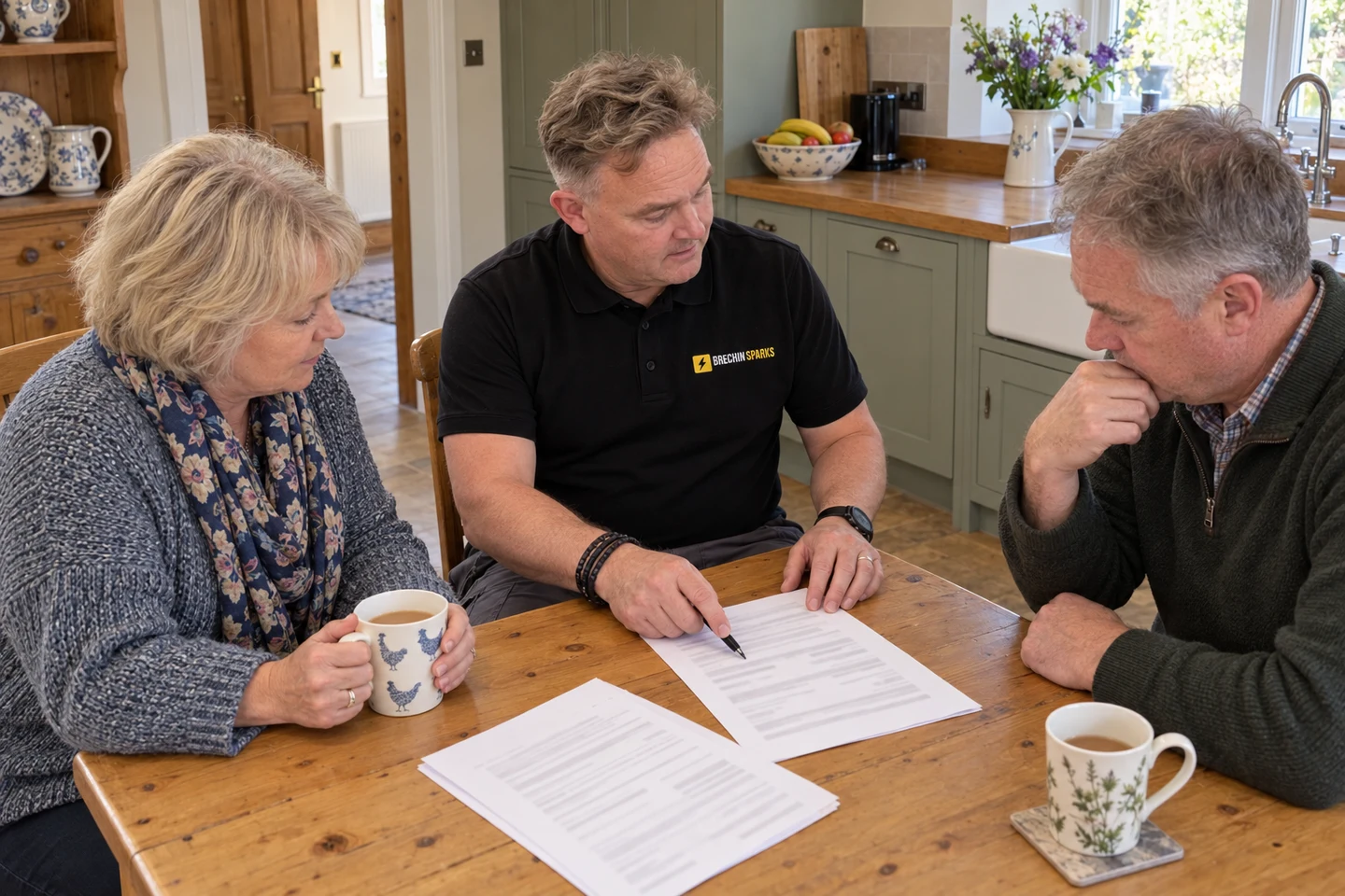 James going through a printed quote with a couple at their kitchen table