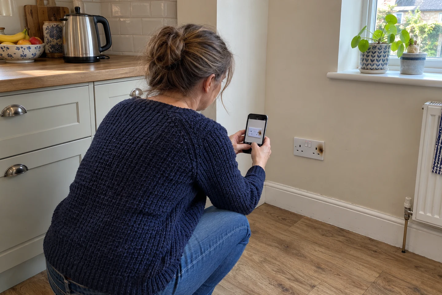 A homeowner photographing a scorched socket on her phone to send with a quote request