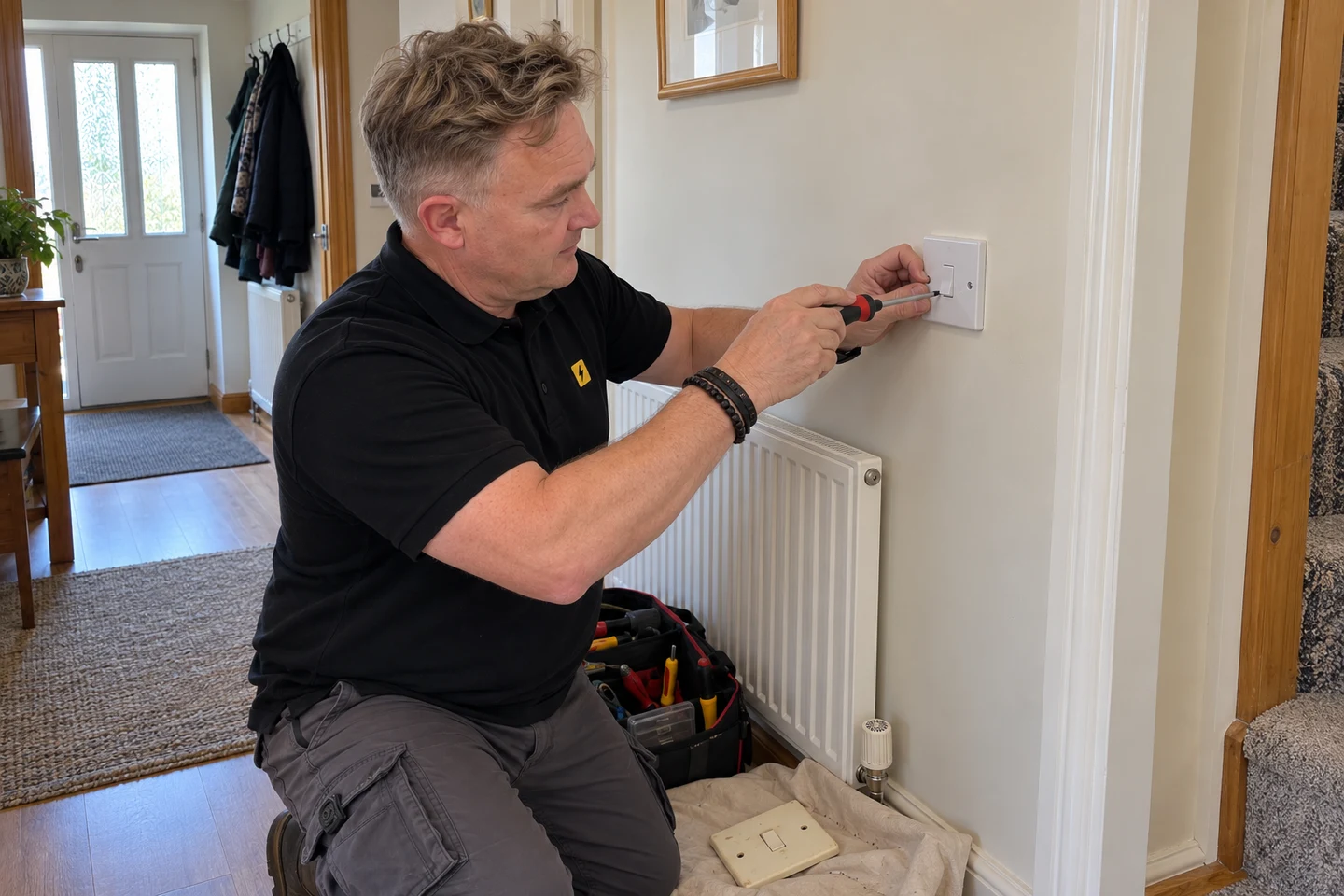 James fitting a new white light switch faceplate in a hallway