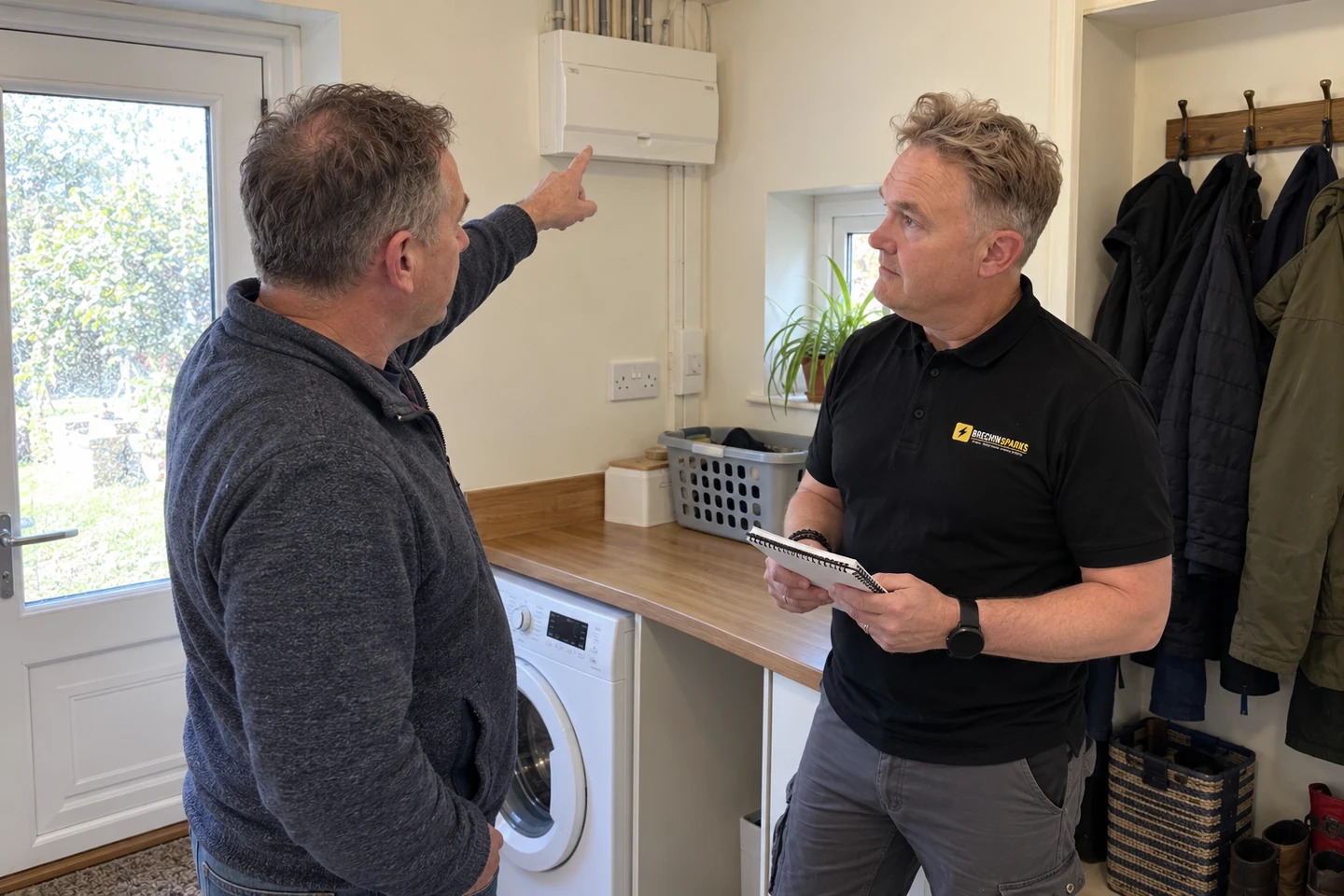 A homeowner pointing out the consumer unit in a utility room while James takes notes