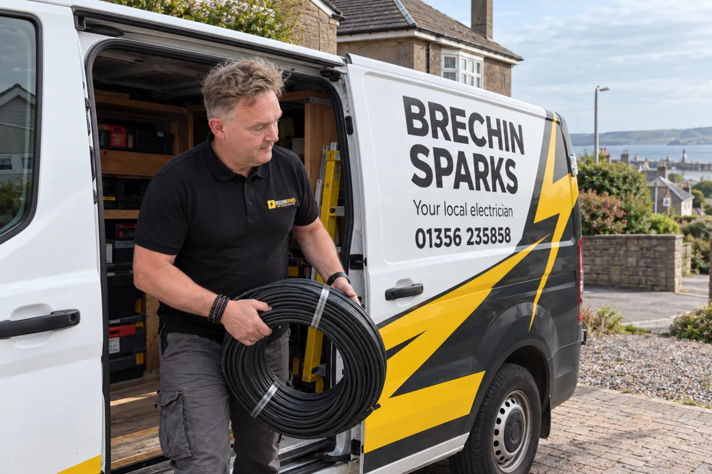 James lifting a coil of armoured cable from the Brechin Sparks van