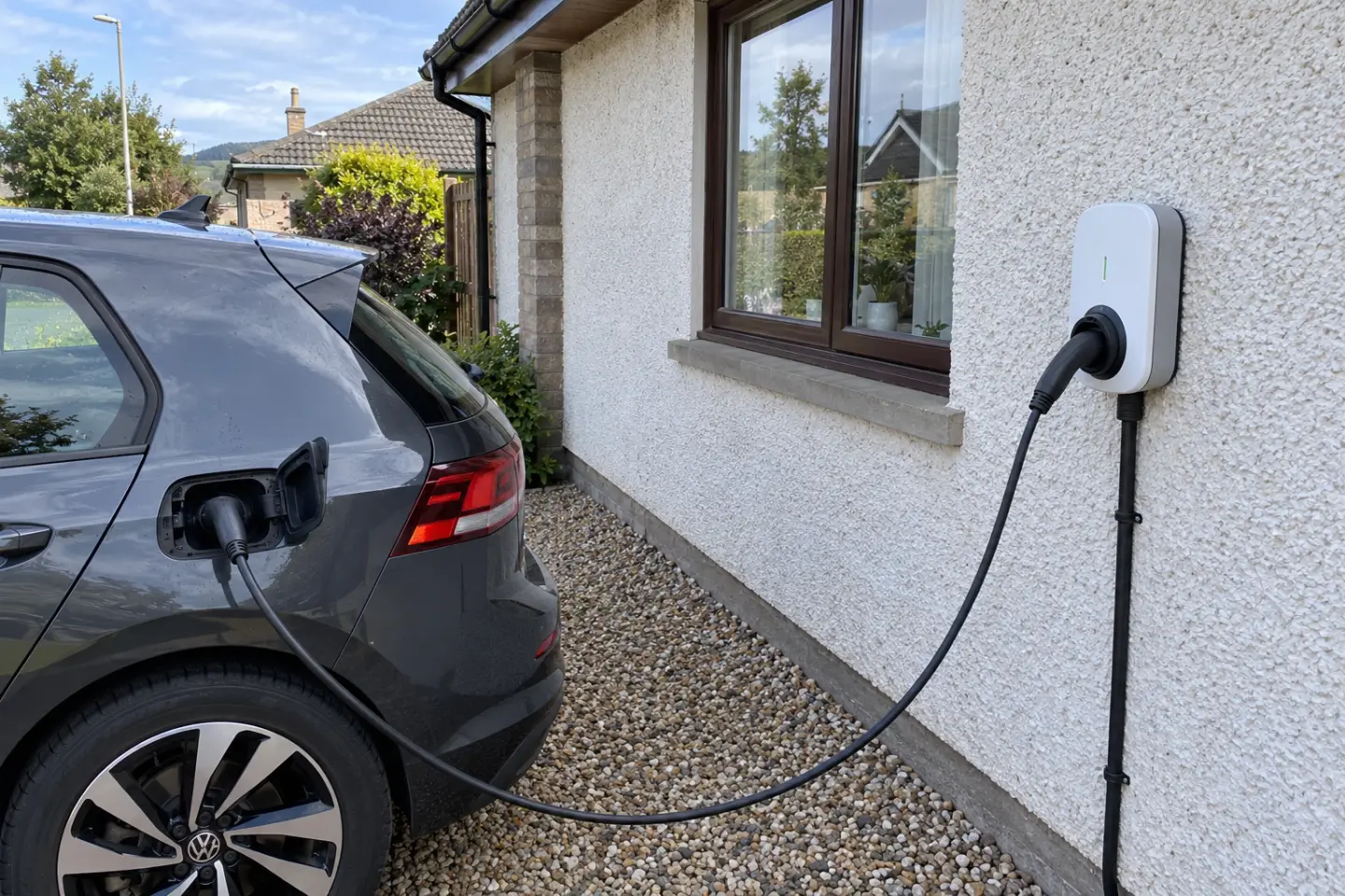 A car charging from a wallbox on the wall of an Angus bungalow