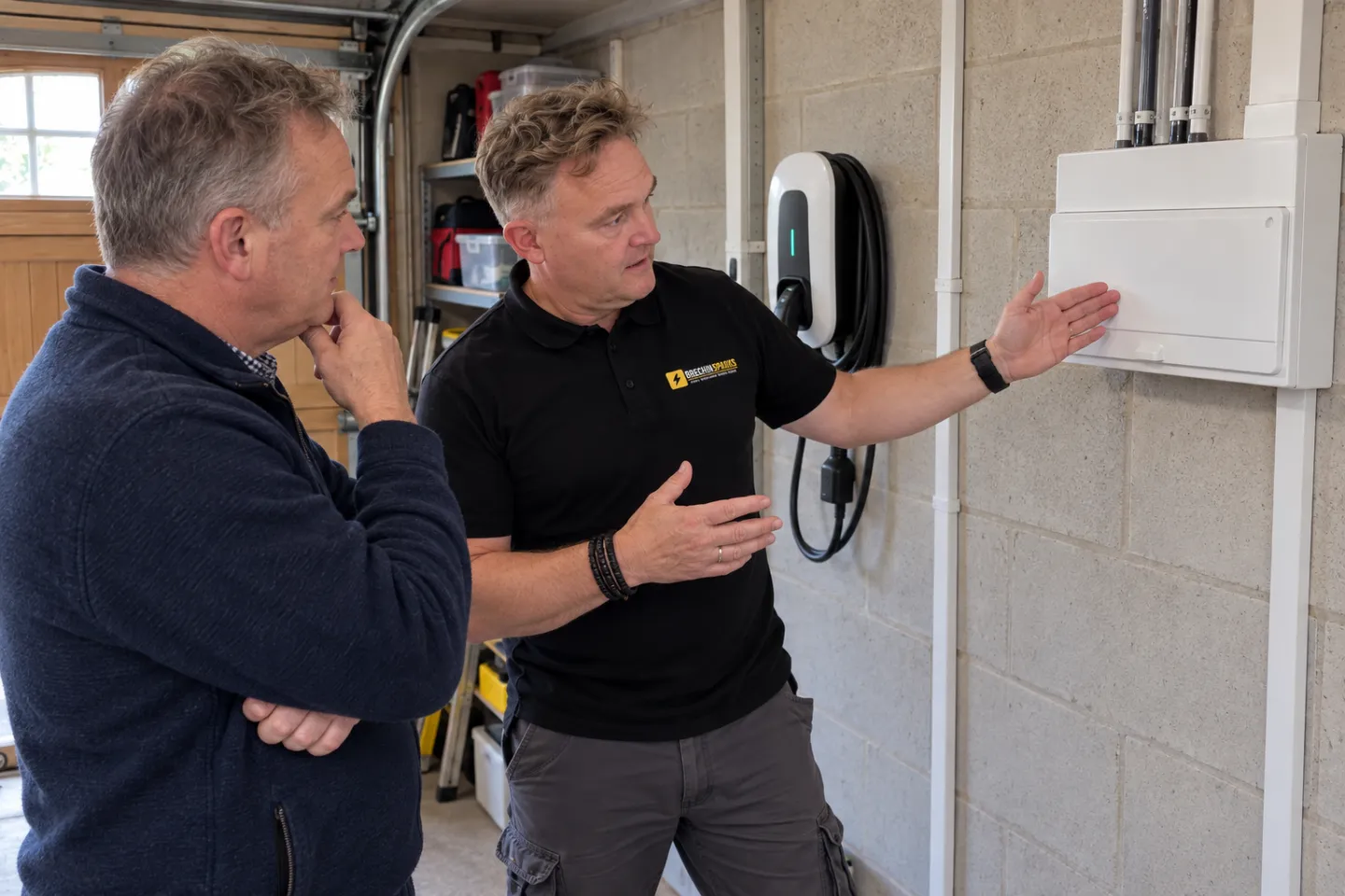 James explaining a new consumer unit beside an EV charger in a garage