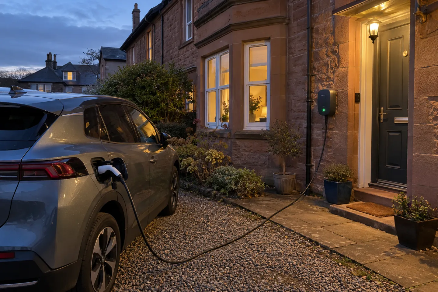 An electric car charging outside a red sandstone house in Brechin in the evening