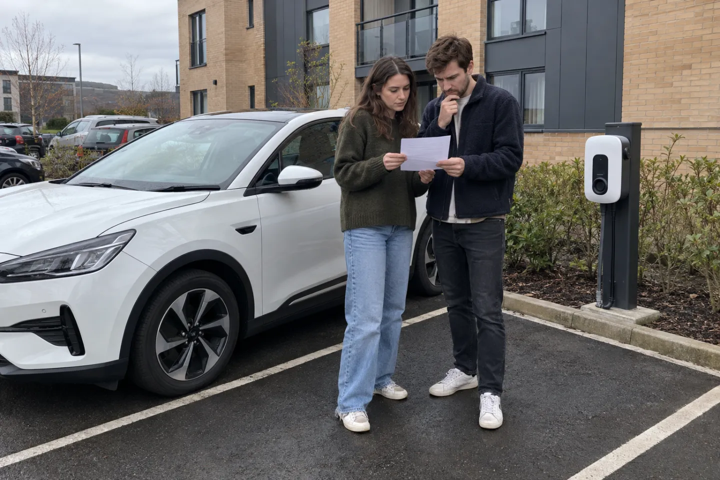 A couple reading a letter beside a chargepoint in their allocated bay at a block of flats