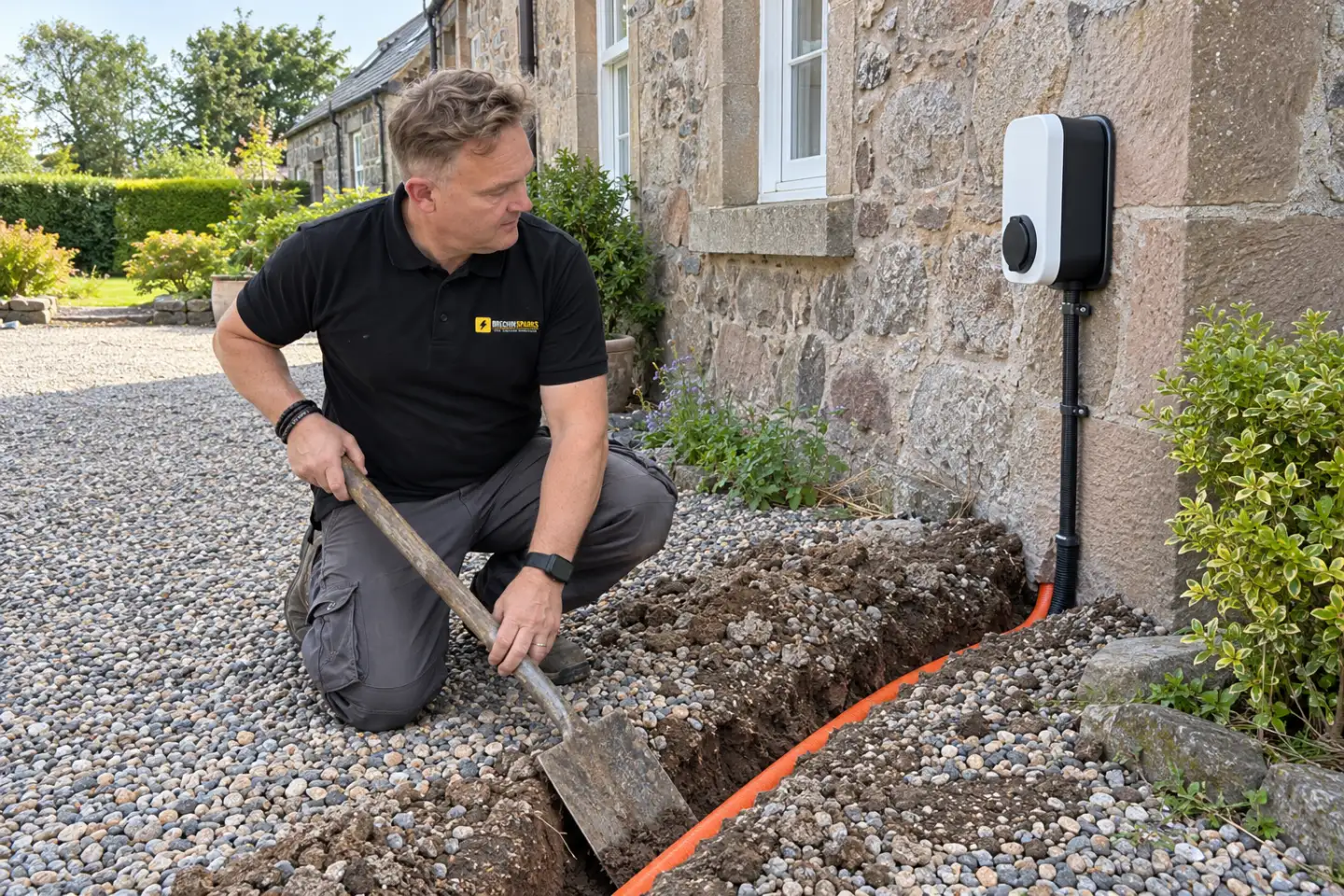 James beside a trench with a cable duct across a gravel drive to a stone cottage