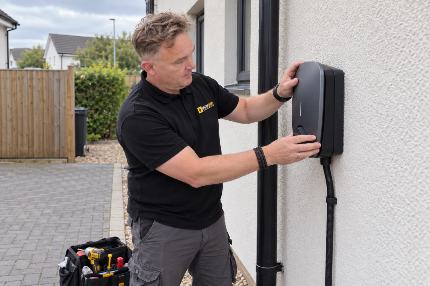 James fitting the cover on a new EV wallbox on the side of a Brechin semi