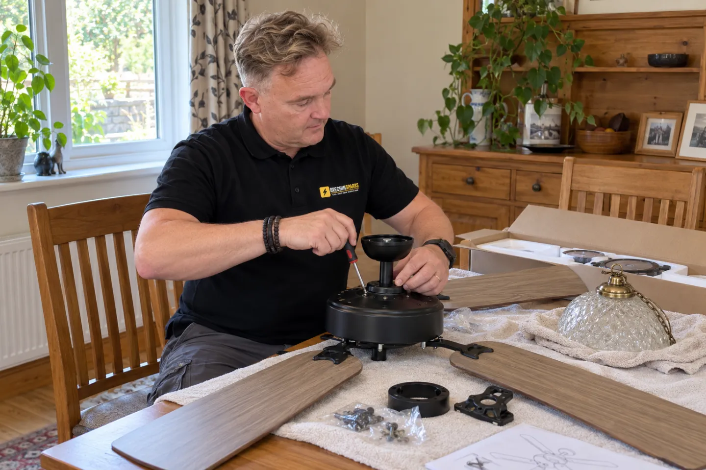 James assembling a ceiling fan on a dining table beside the old light fitting