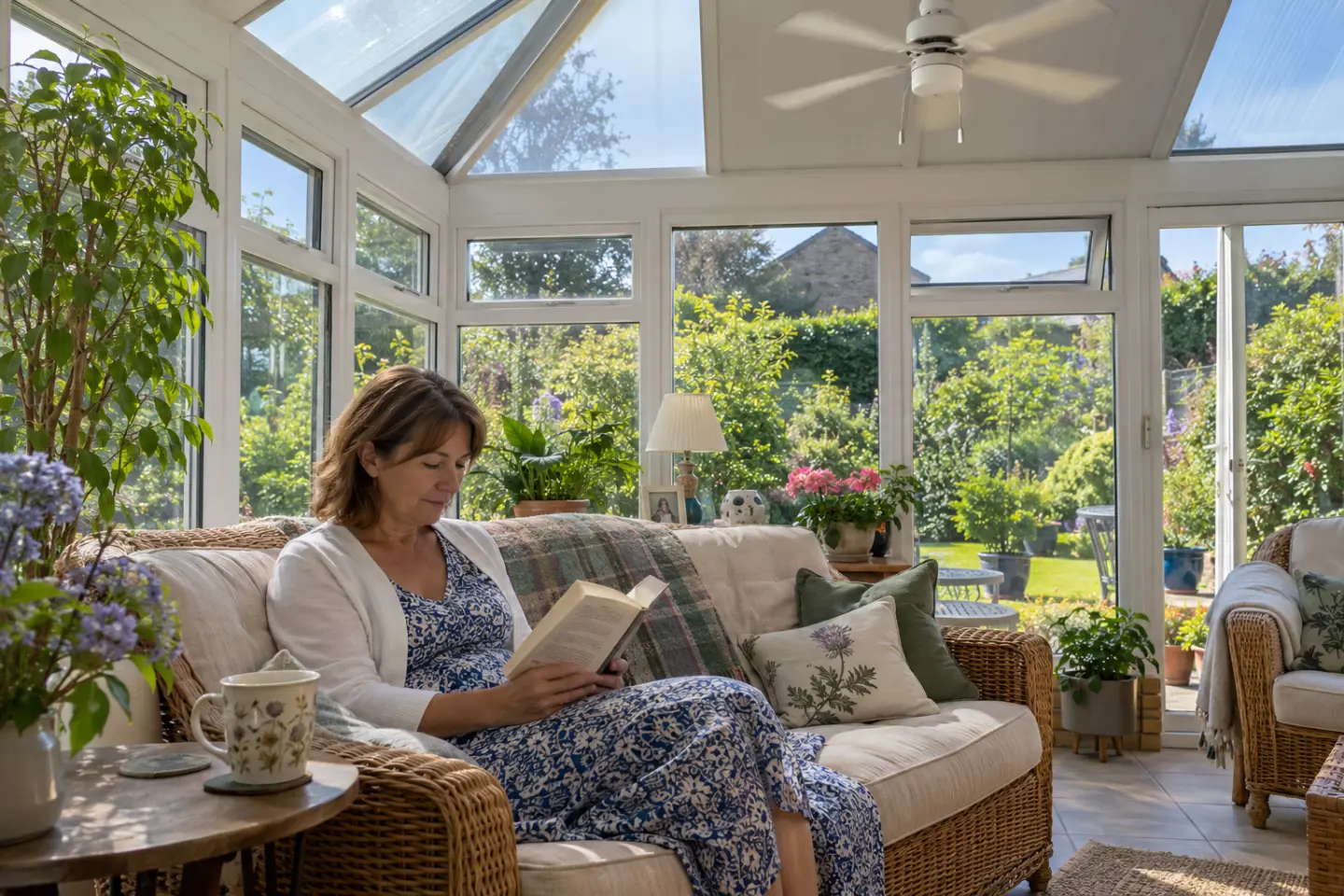 A woman reading in a conservatory under a ceiling fan