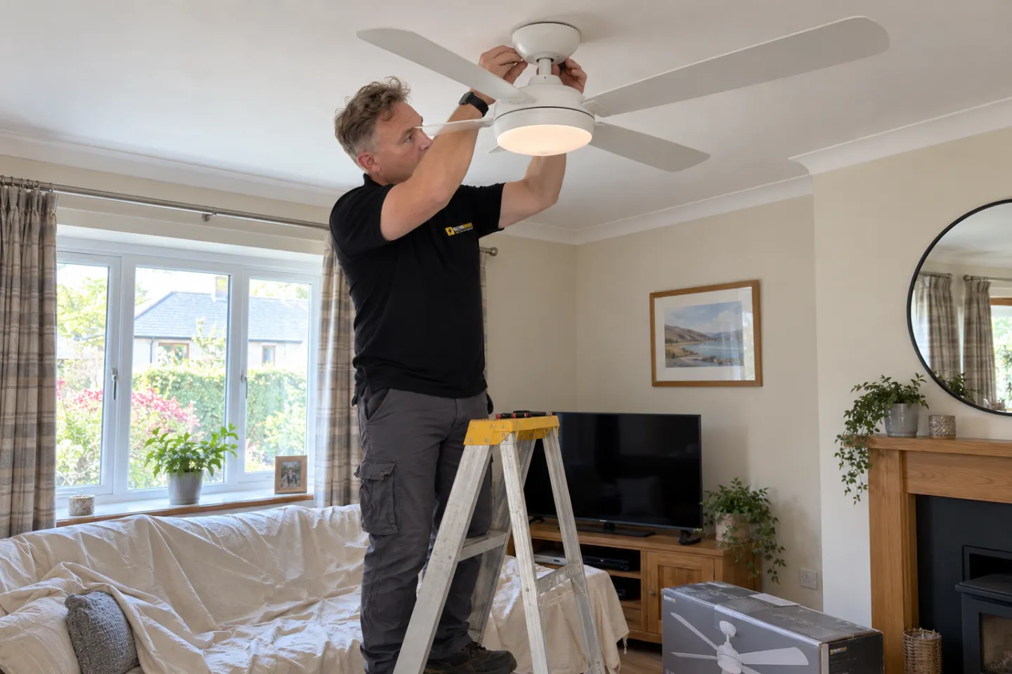 James on a stepladder fitting a ceiling fan with light in a living room