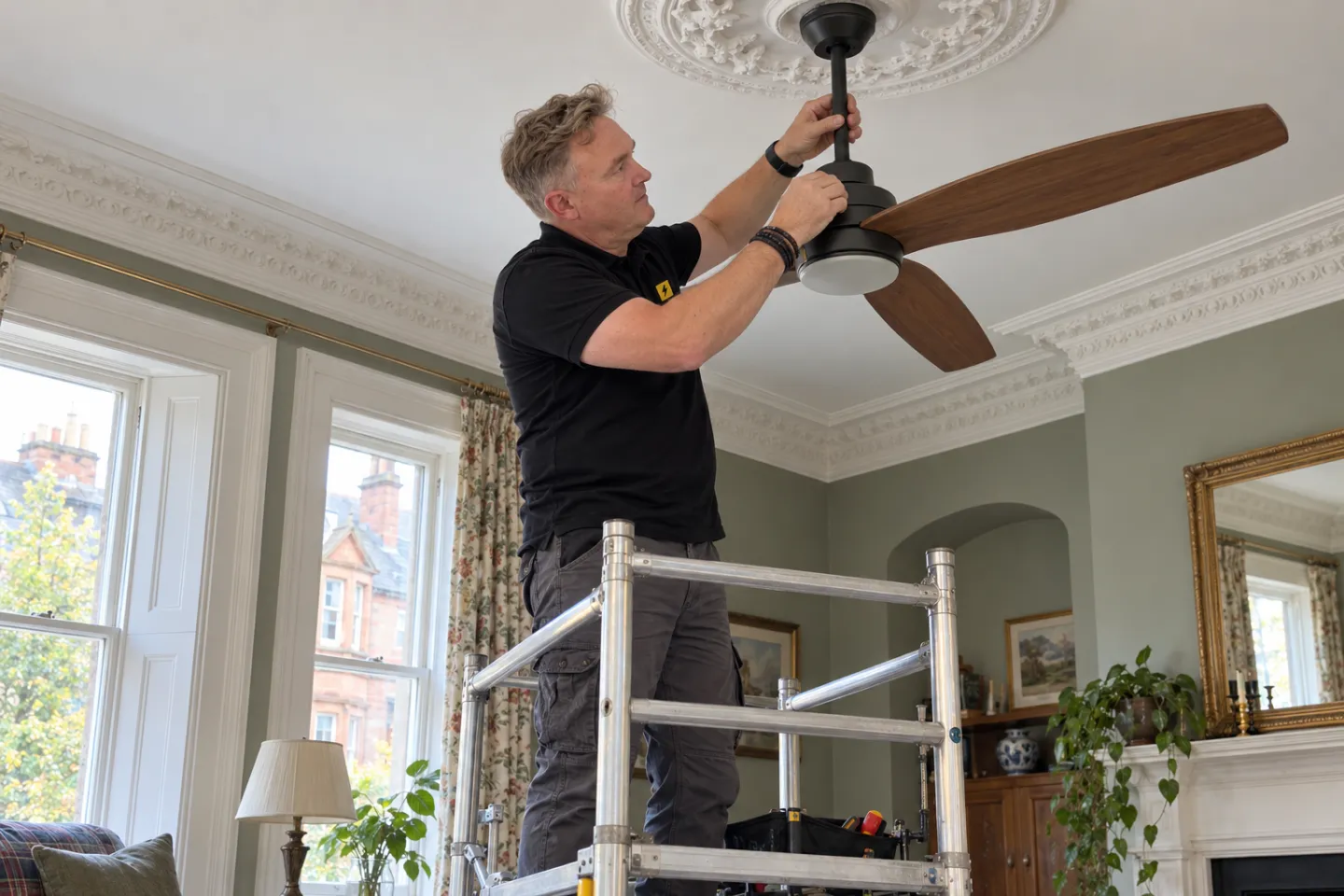 James on a platform tower fitting a fan on a downrod in a high-ceilinged sitting room