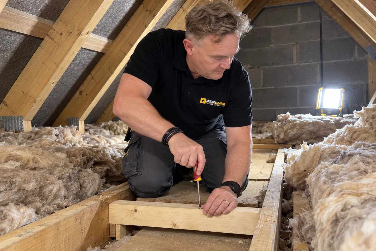James screwing a timber noggin between ceiling joists in a loft