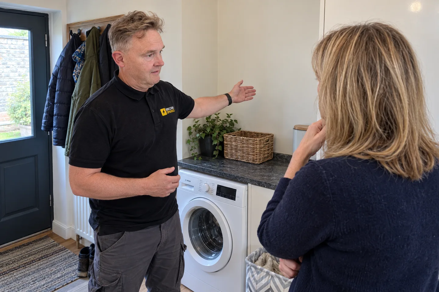 James discussing appliance placement with a homeowner in a utility room