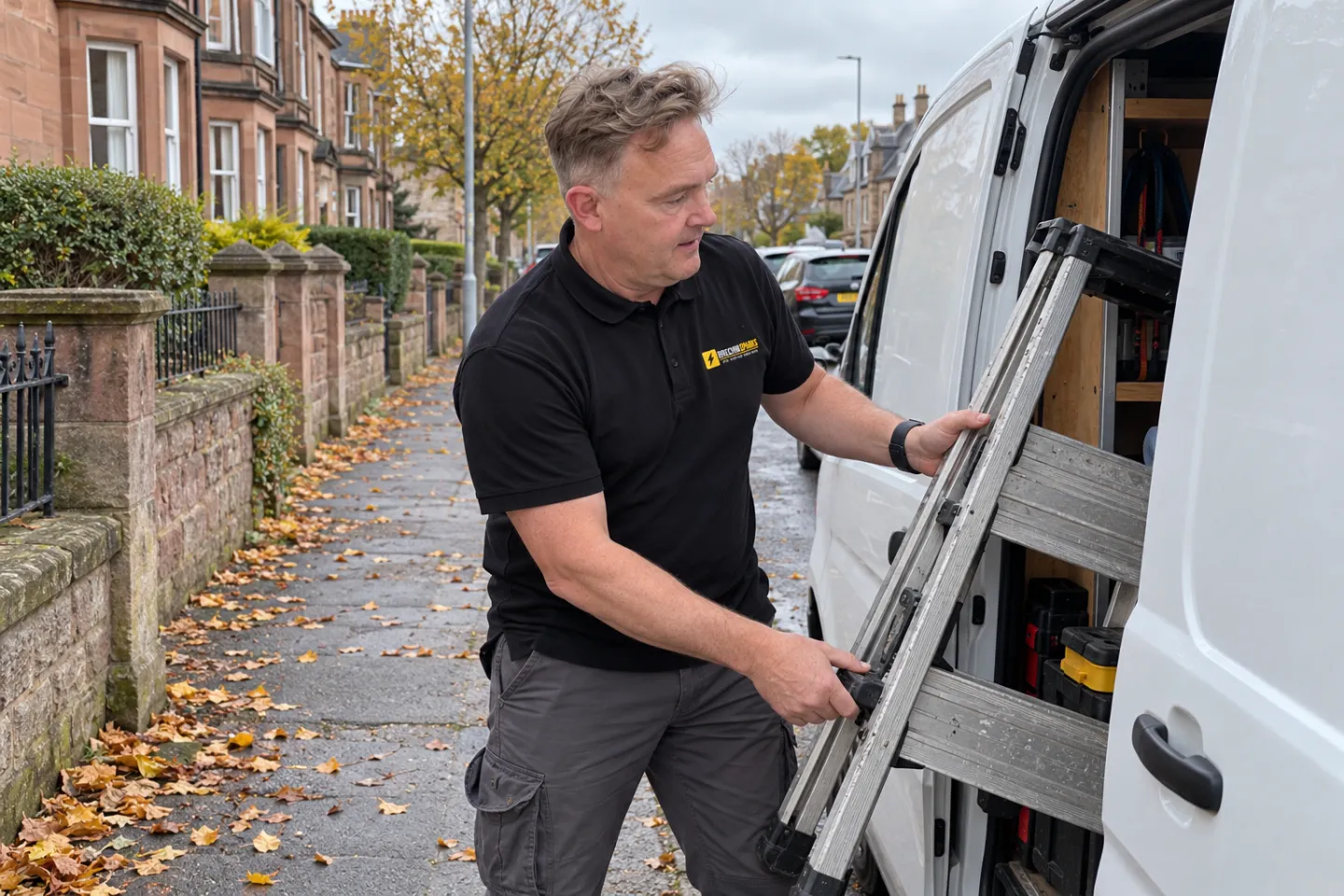James lifting a step ladder out of his van on a street of red sandstone villas in Brechin