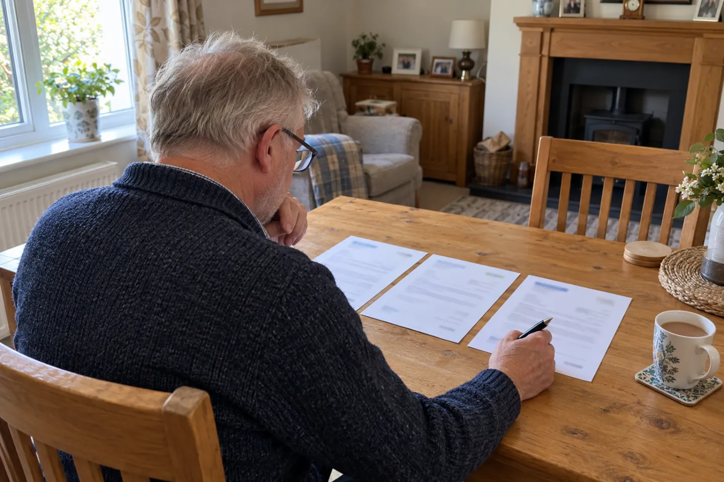 A homeowner comparing three printed quotes at a dining table