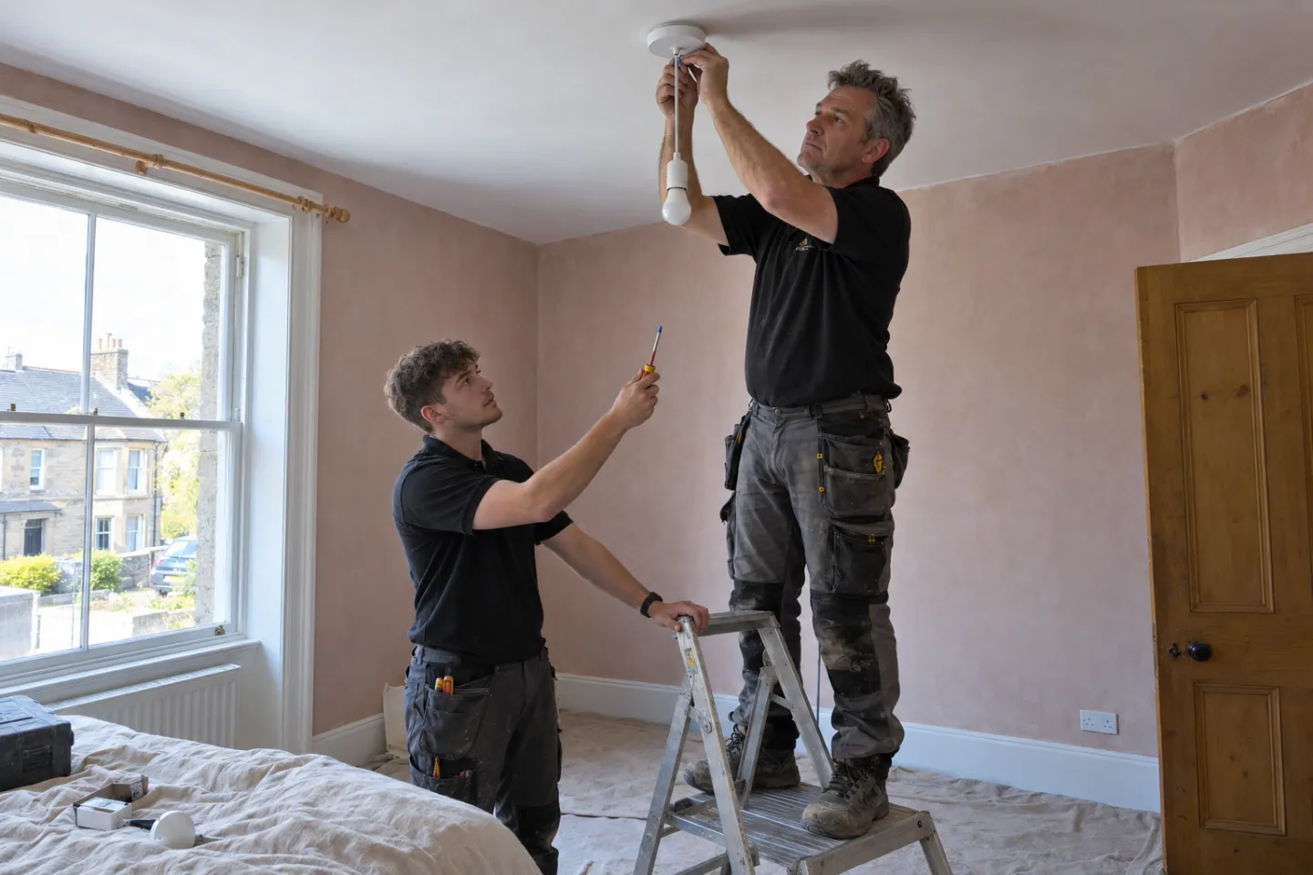 James and an apprentice fitting a ceiling pendant in a bedroom being redecorated