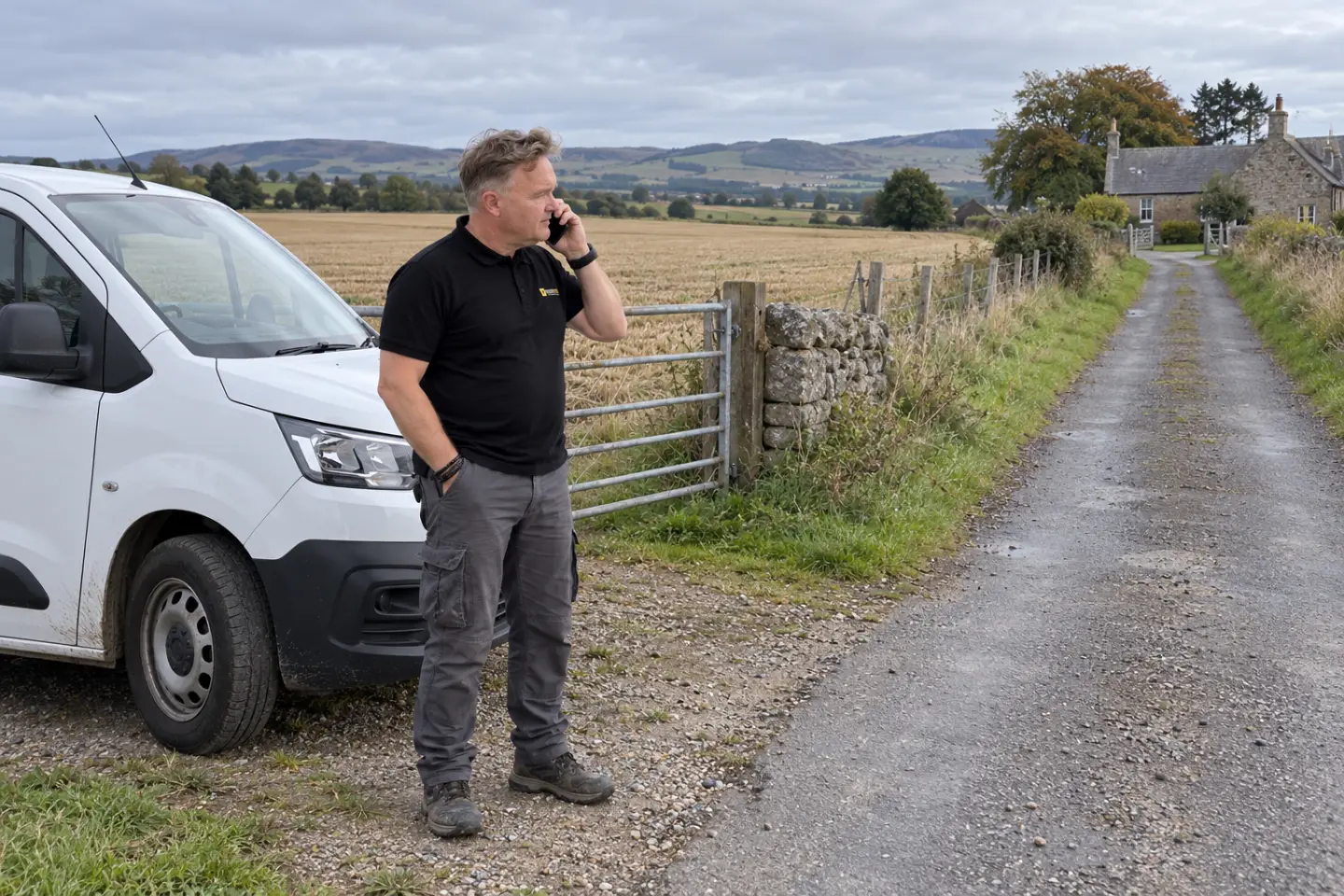 James on the phone beside his van in a farm gateway on a country road in Angus