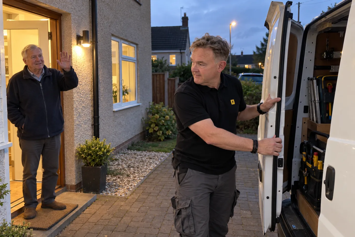 James closing his van doors on a driveway at dusk as the homeowner waves goodbye