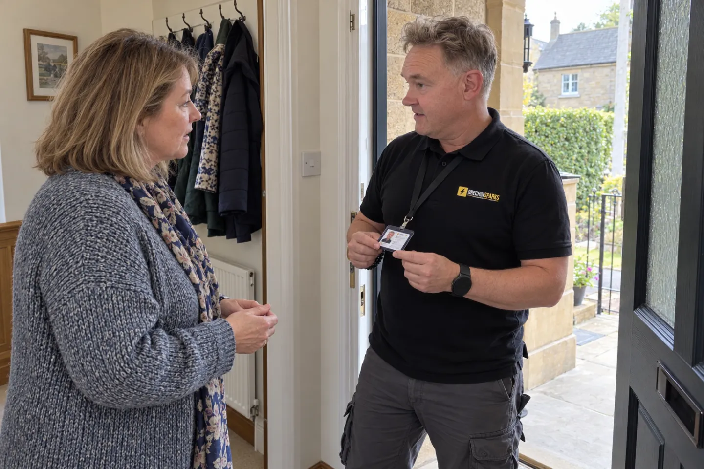 James showing his ID card to a homeowner at her front door