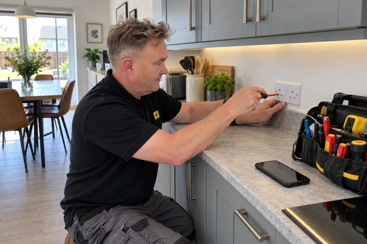 James refitting a double socket faceplate above a kitchen worktop