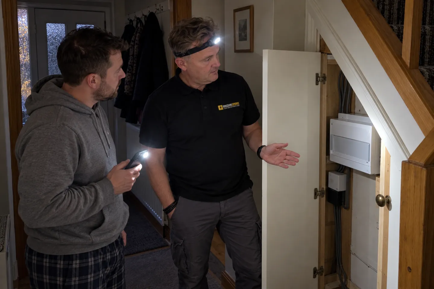 James in a head torch talking to a homeowner beside a closed consumer unit during a night call-out