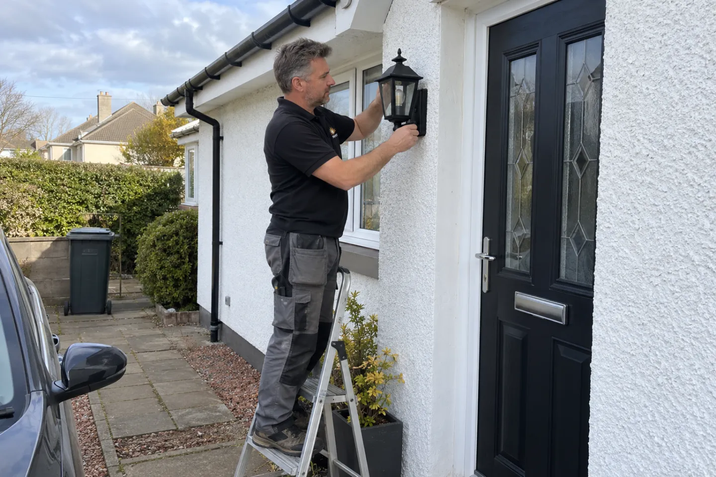 James on a short ladder fitting an outdoor wall lantern beside a bungalow front door