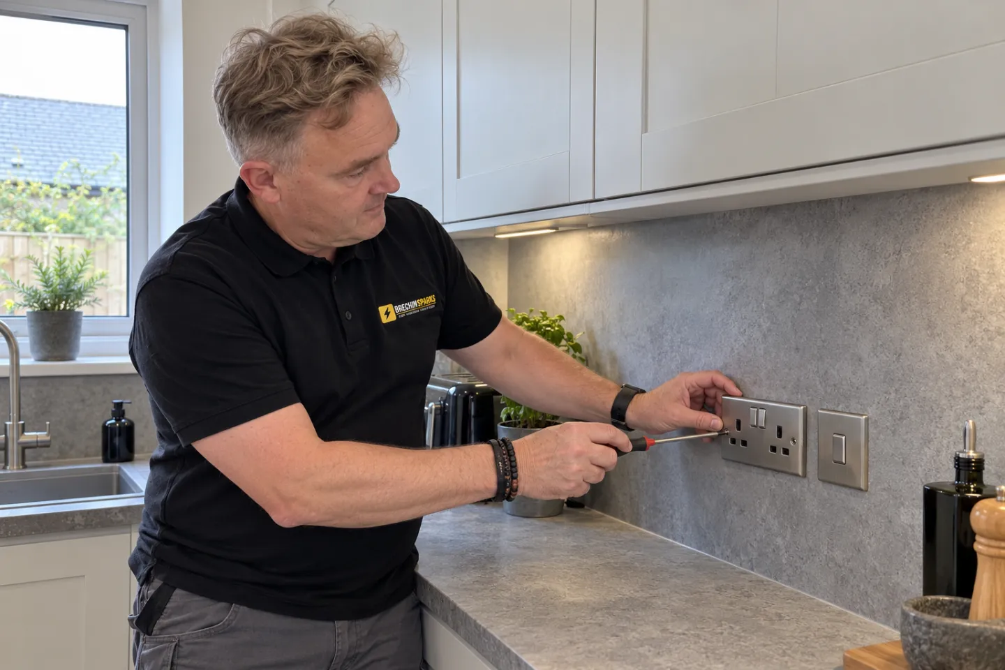 James fitting a brushed steel double socket in a modern kitchen
