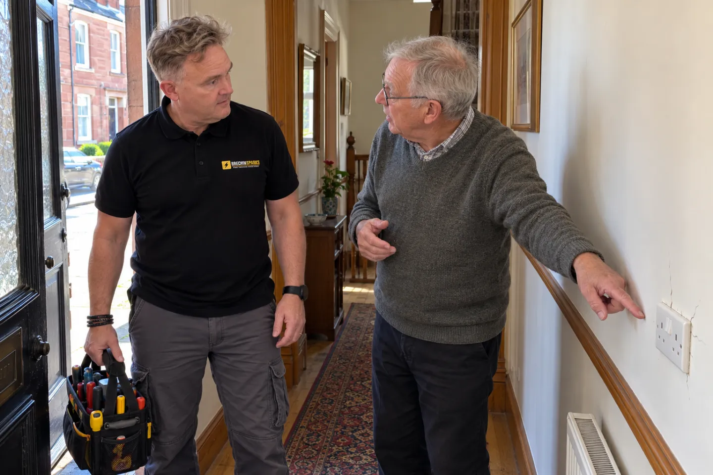 A homeowner showing James a cracked socket in the hallway of a Brechin terraced house