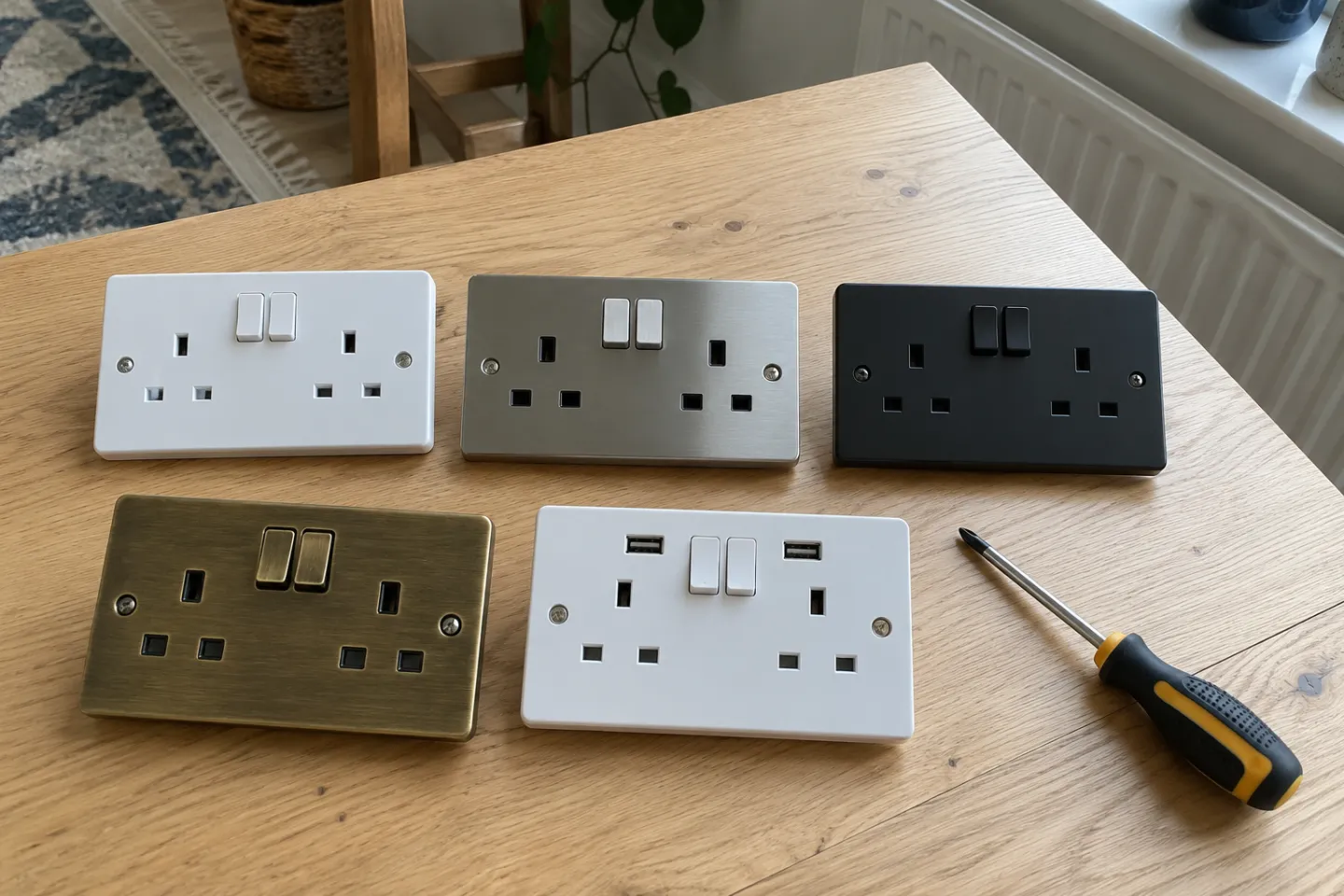 UK socket fronts in white, brushed steel, matt black, antique brass and white with USB ports