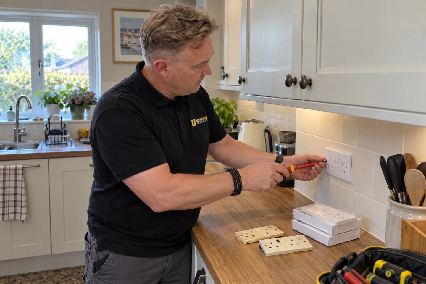 James fitting a new white socket front above a kitchen worktop, old yellowed fronts beside him