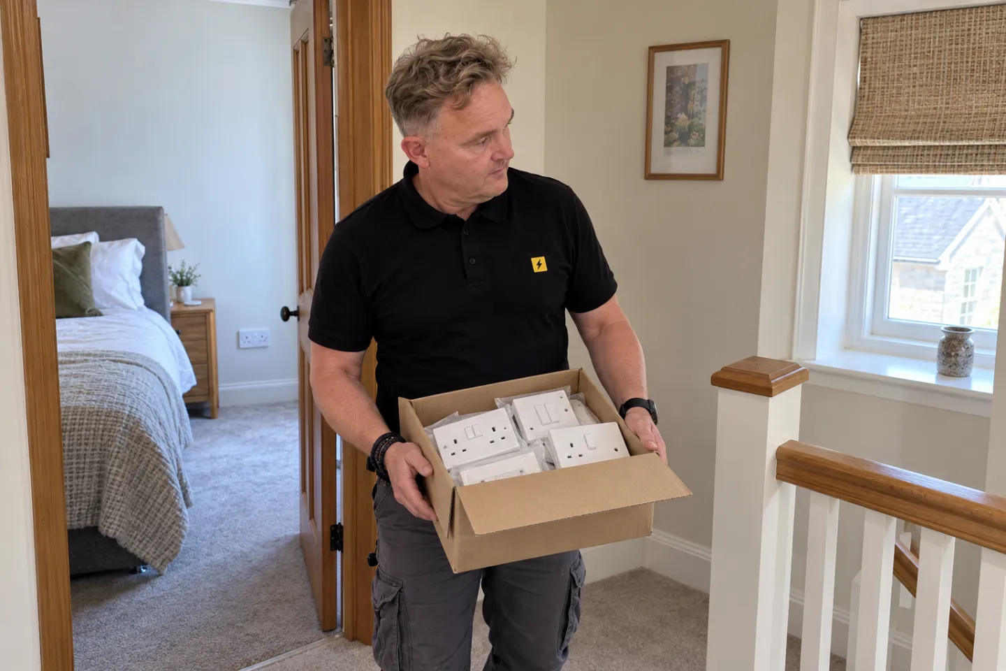 James carrying a box of new white socket fronts across an upstairs landing