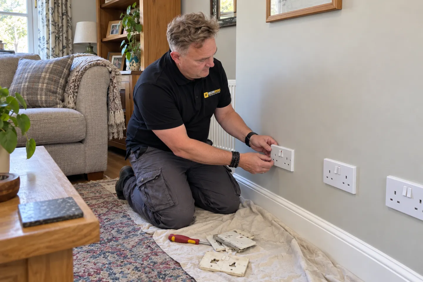 James kneeling to change a row of socket fronts along a living room skirting